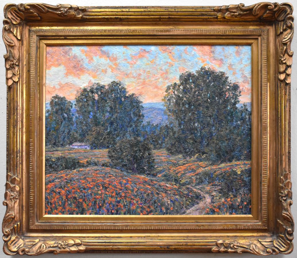 Gary Ray Landscape Painting - "POPPIES AT TWILIGHT" FRAMED 28.5 X 32.5