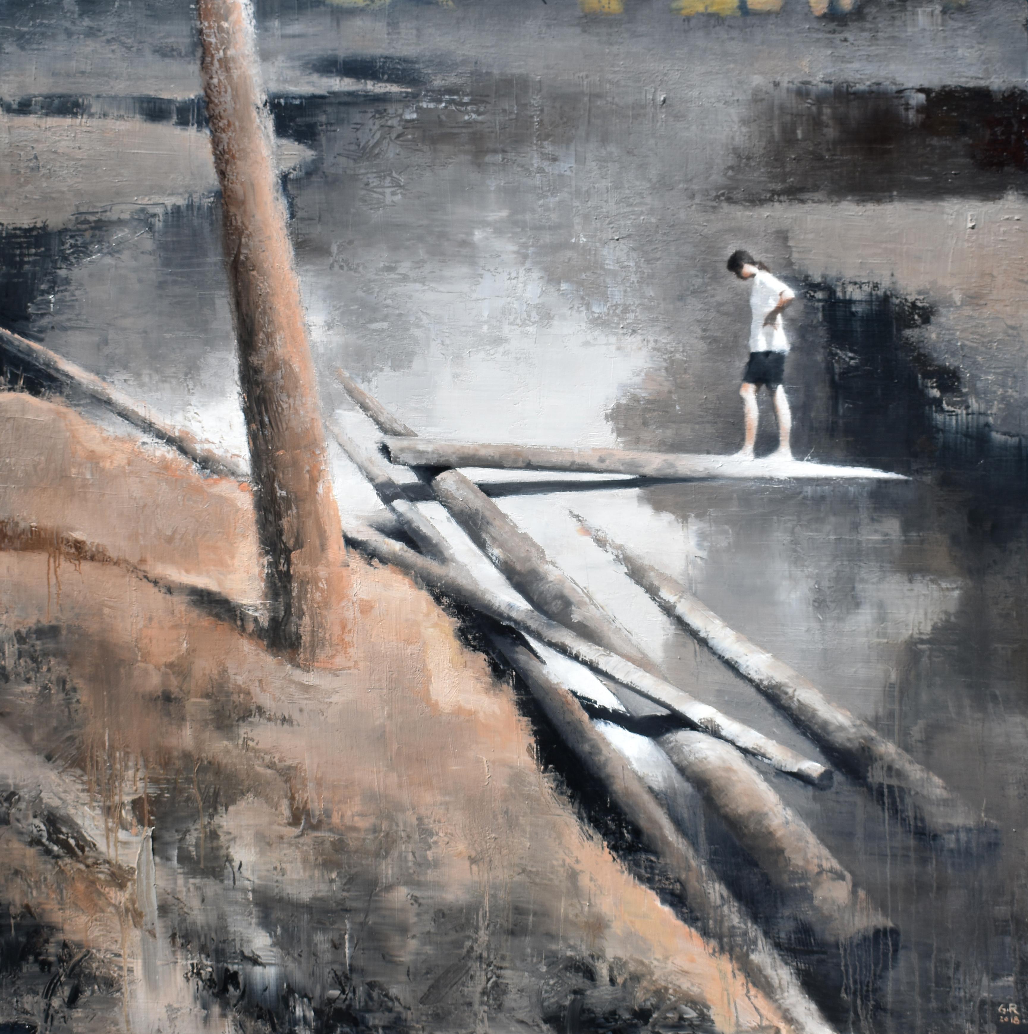 ARRIVAL, contemporary realism, figurative landscape, boy standing on log - Painting by Gary Ruddell