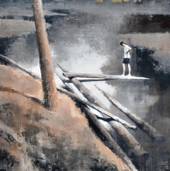 ARRIVAL, contemporary realism, figurative landscape, boy standing on log