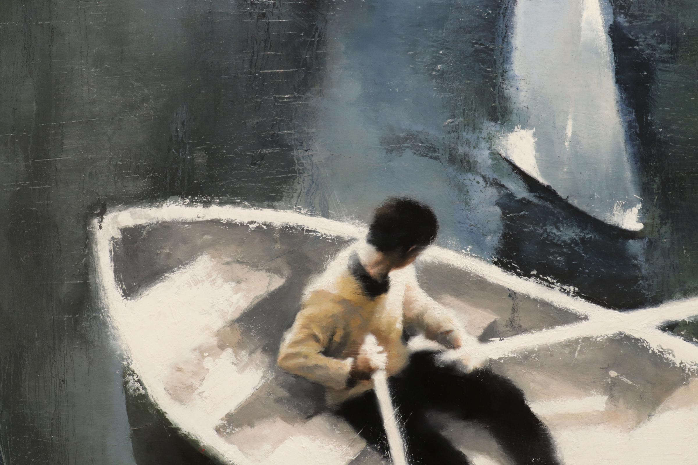 DAYS WITHOUT END, blue, reflective water, boat, bright light, sailboat, realism - Black Figurative Painting by Gary Ruddell