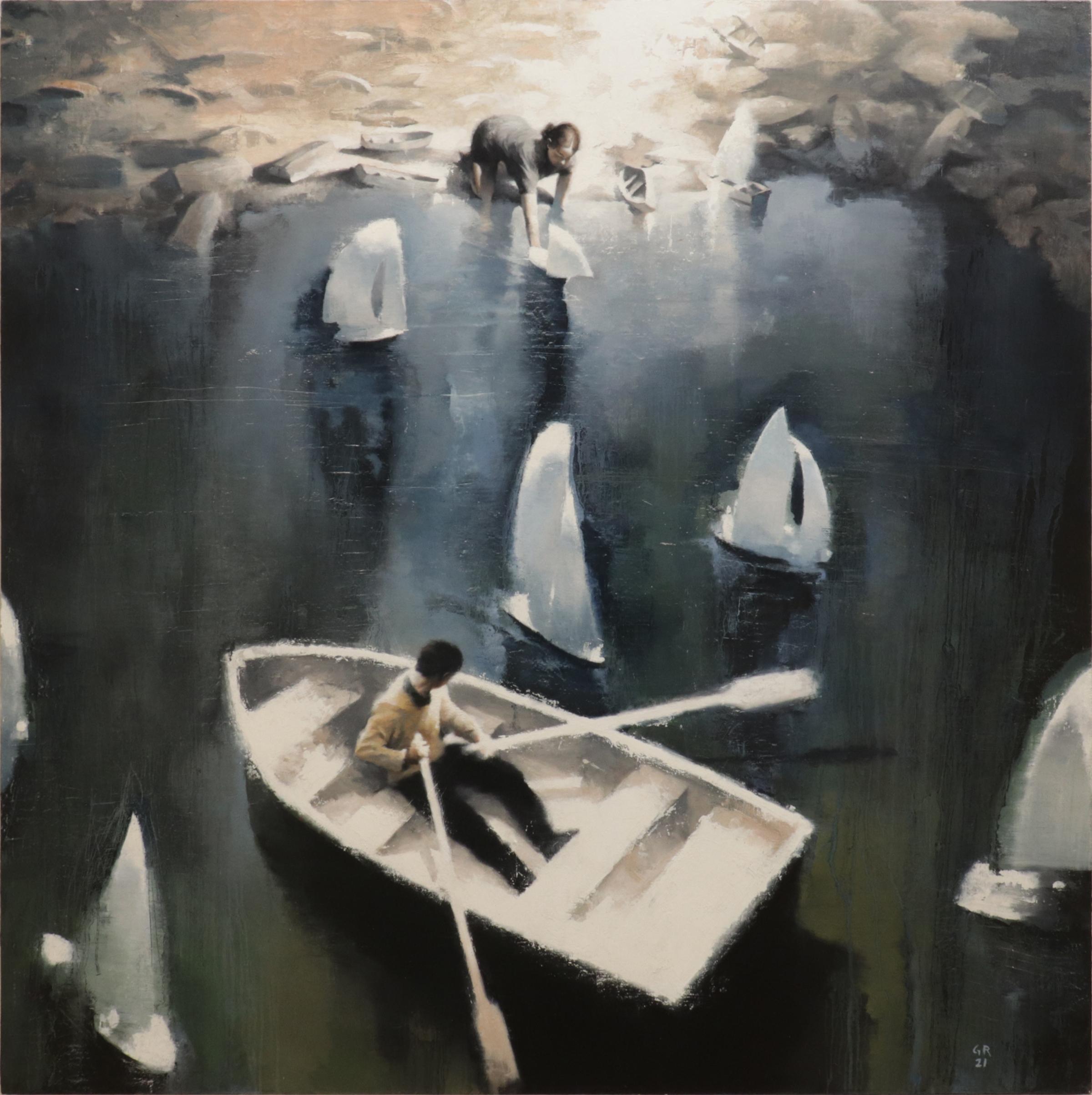 Gary Ruddell Figurative Painting - DAYS WITHOUT END, blue, reflective water, boat, bright light, sailboat, realism