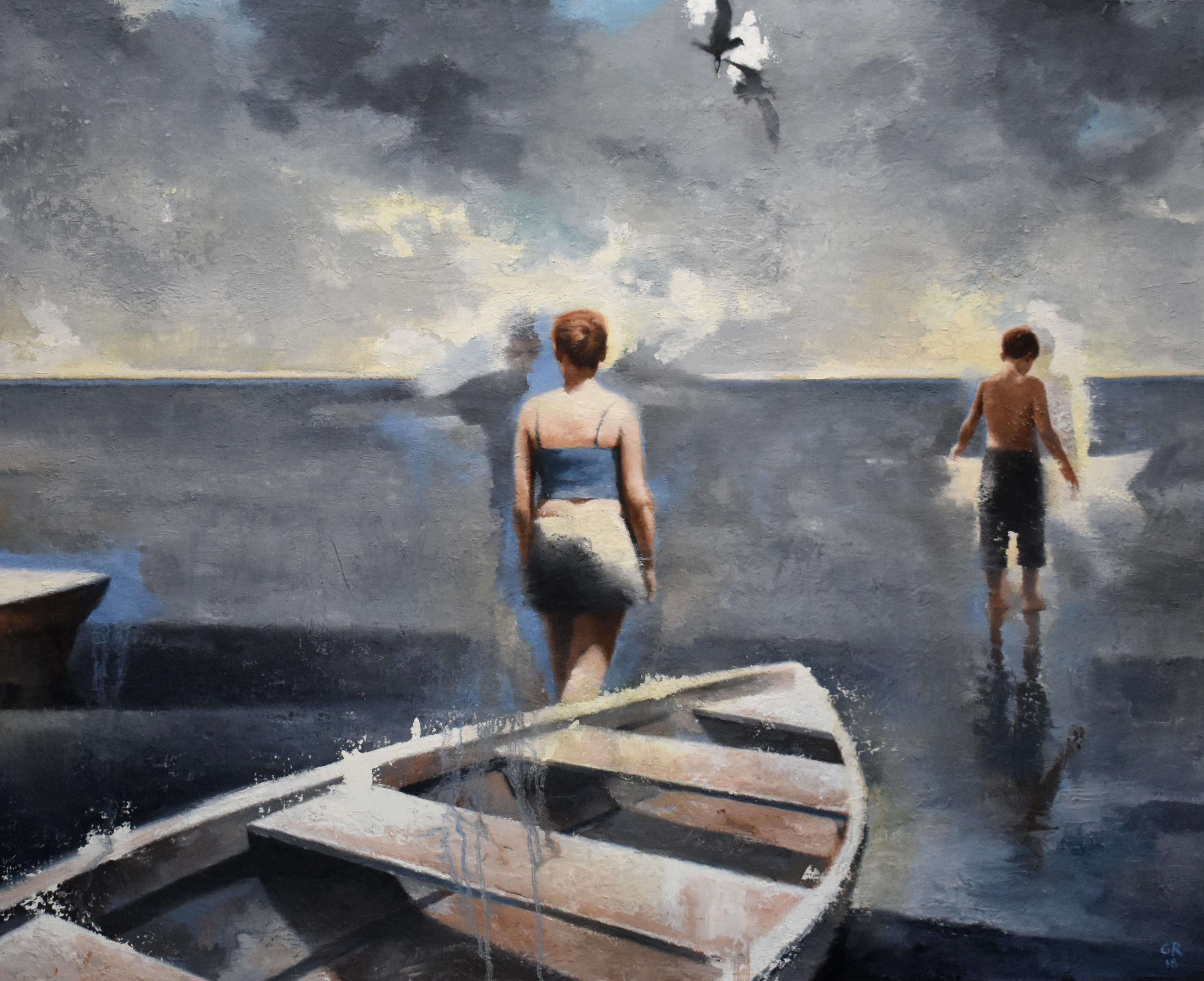 WALKING ON WATER - Figurative Realism / Boat in Water / Children at play - Painting by Gary Ruddell