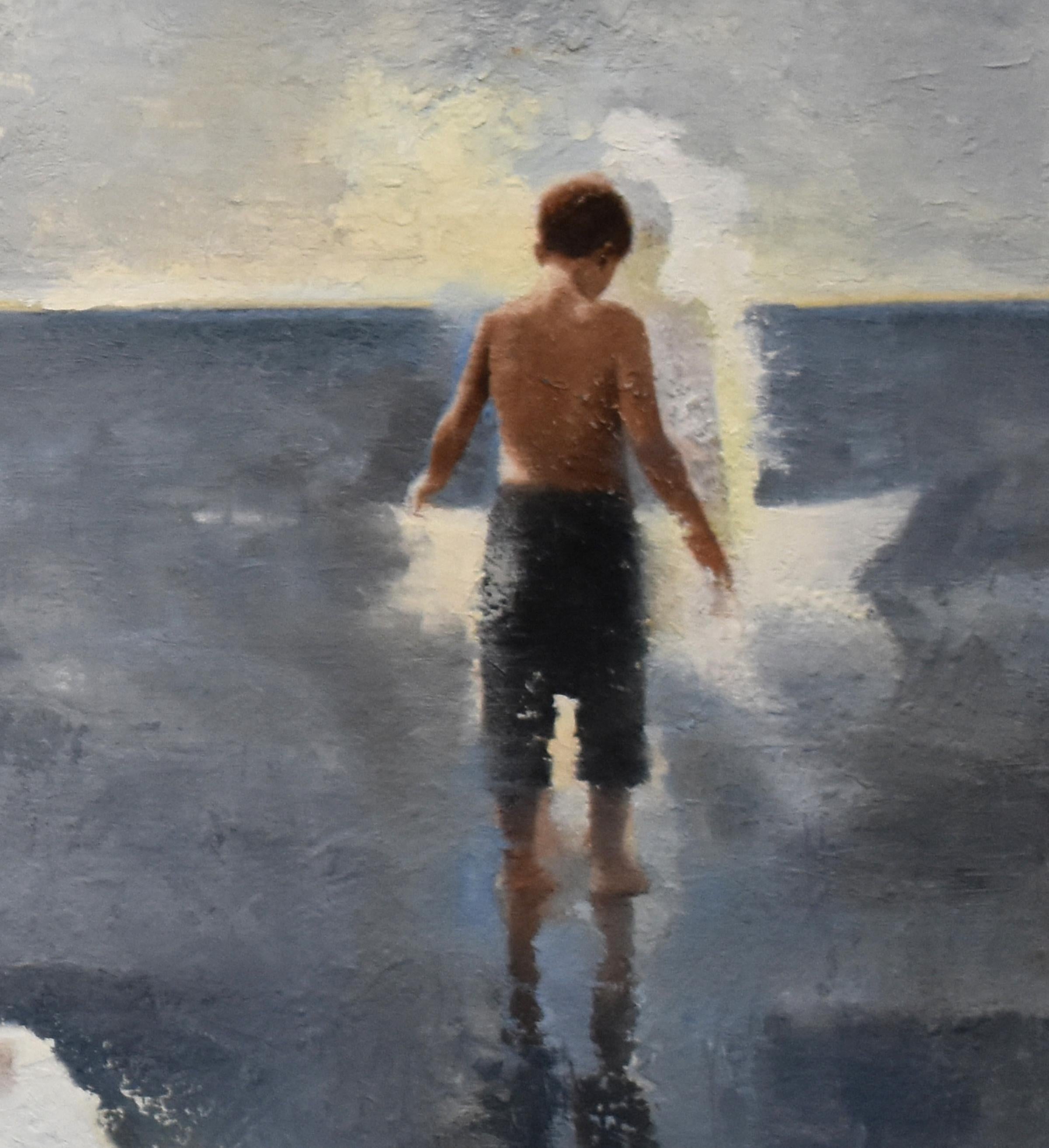 WALKING ON WATER - Figurative Realism / Boat in Water / Children at play - Contemporary Painting by Gary Ruddell