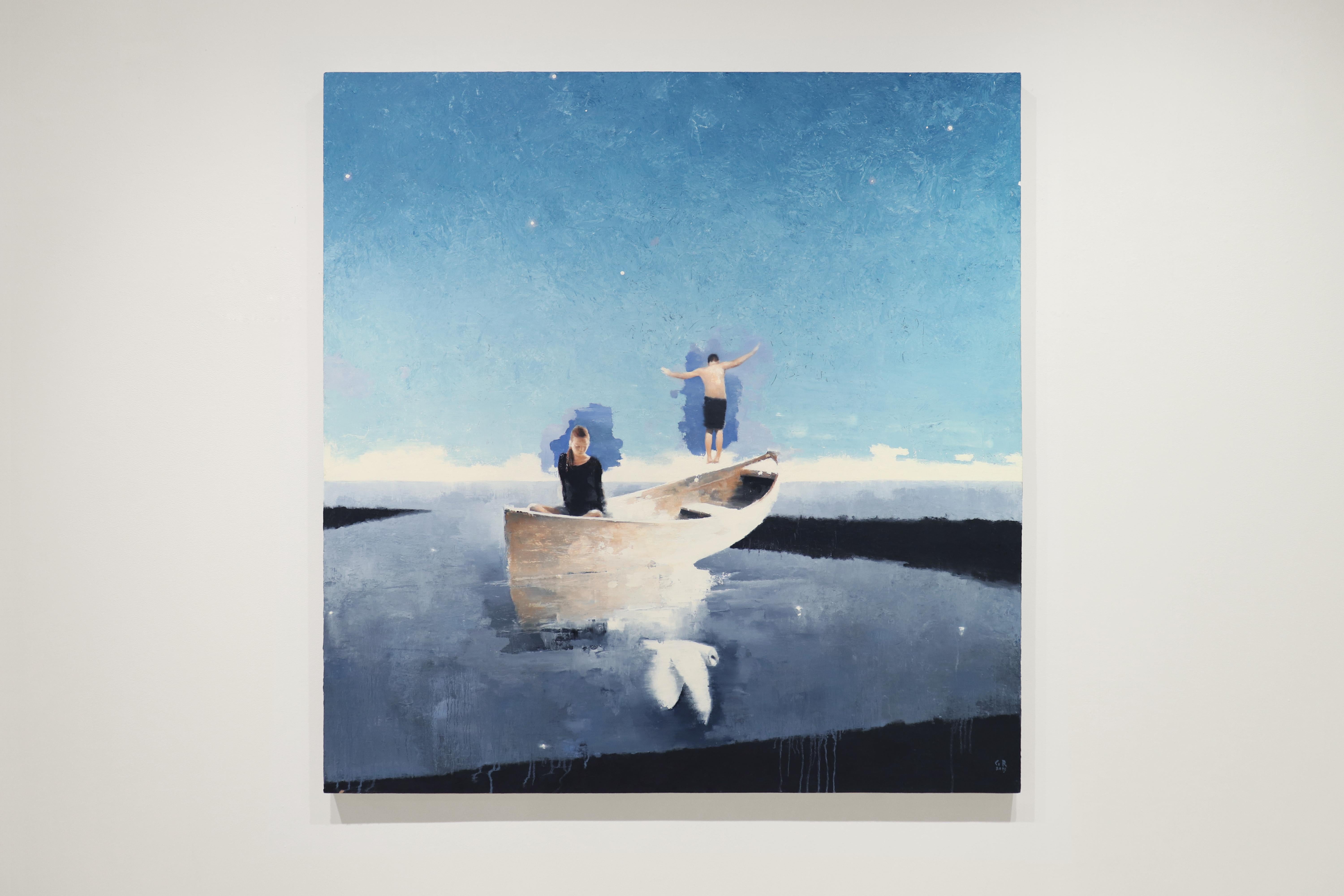 Who We Are, Contemporary Realism, Figurative, Water, Boat, Sky, Blue - Painting by Gary Ruddell