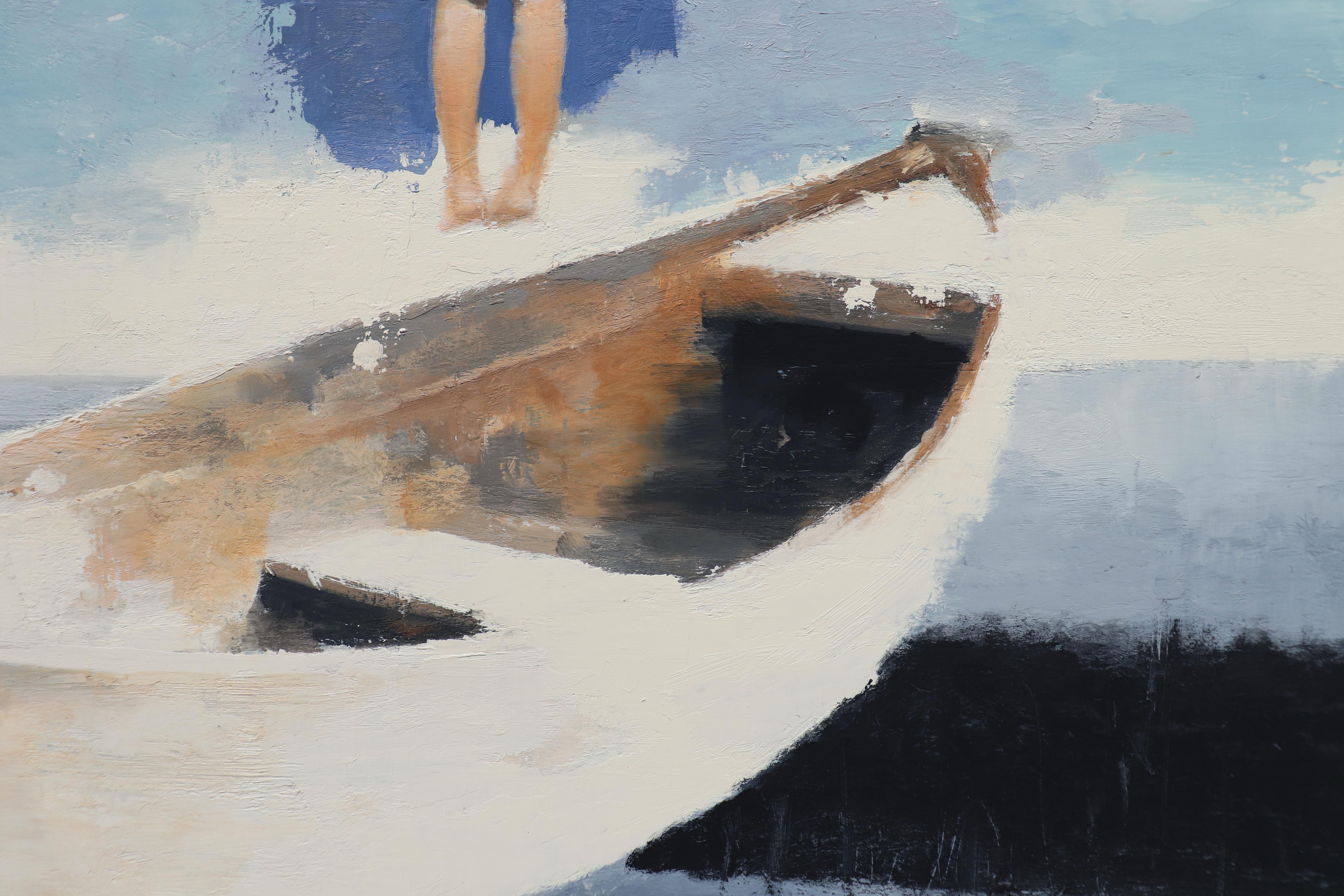 Who We Are, Contemporary Realism, Figurative, Water, Boat, Sky, Blue - Realist Painting by Gary Ruddell