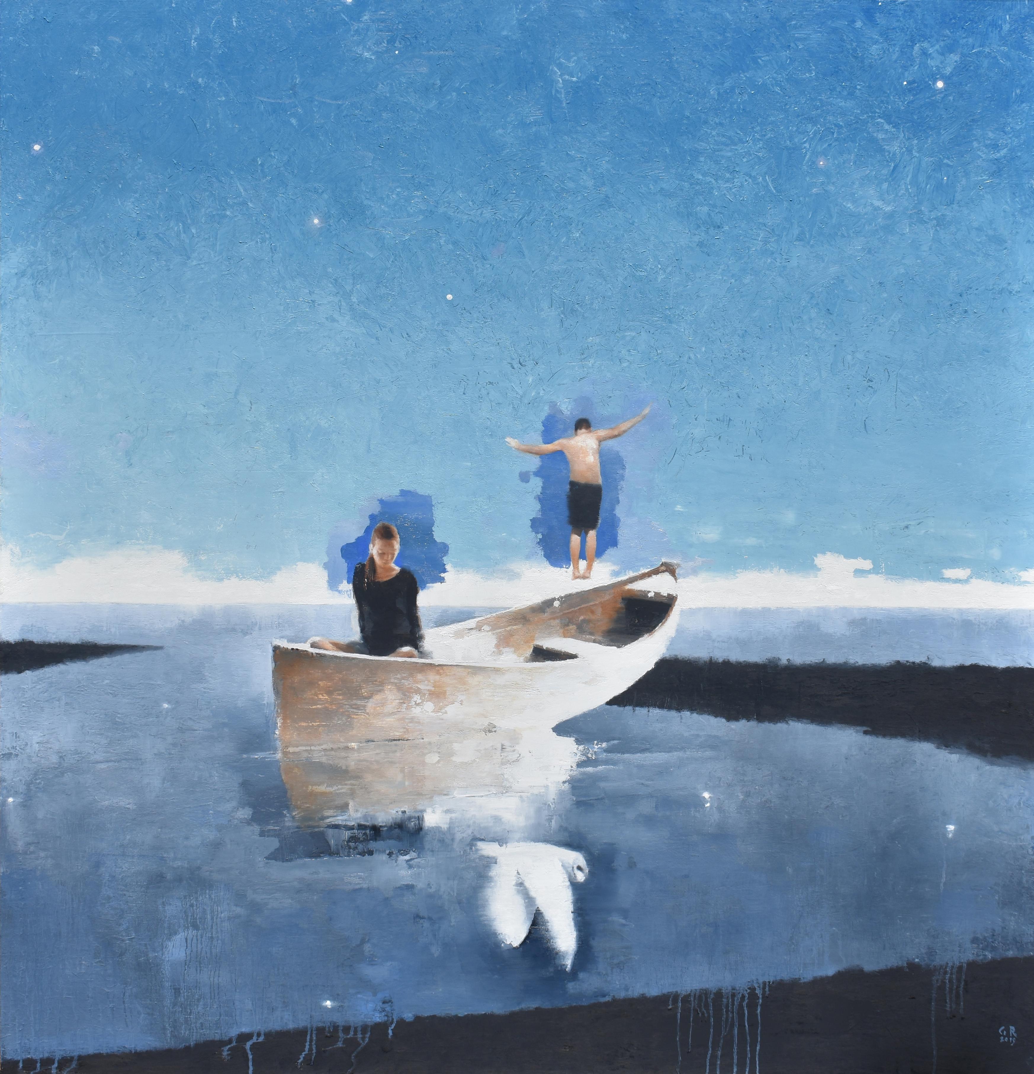 Gary Ruddell Figurative Painting - Who We Are, Contemporary Realism, Figurative, Water, Boat, Sky, Blue