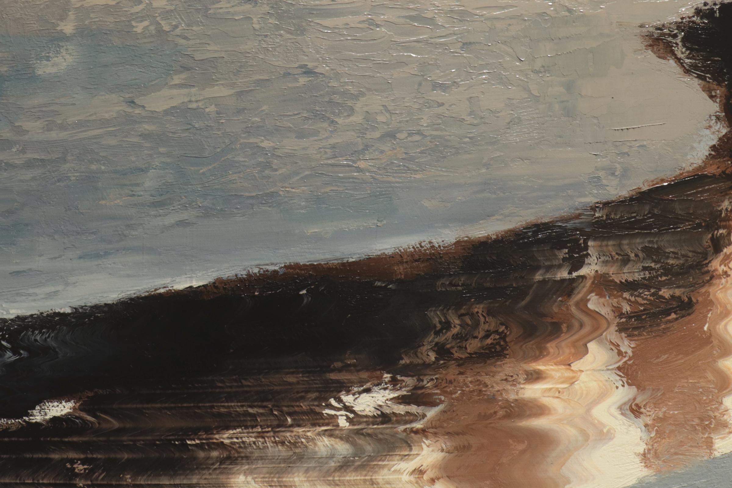 LUNE JAUNE - Peinture figurative / Lac / Nature / Adolescents / Avions / Bateau - Noir Landscape Painting par Gary Ruddell