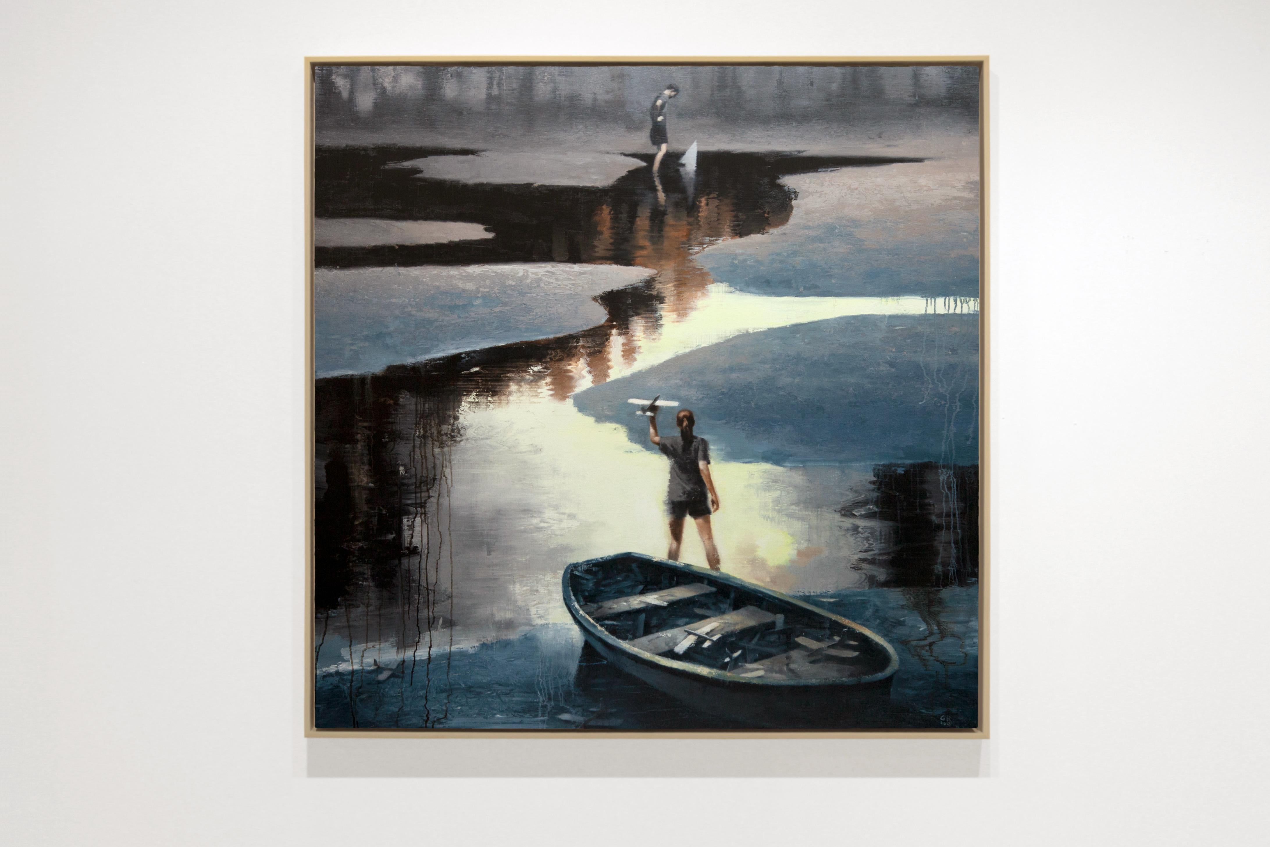 LUNE JAUNE - Peinture figurative / Lac / Nature / Adolescents / Avions / Bateau - Painting de Gary Ruddell