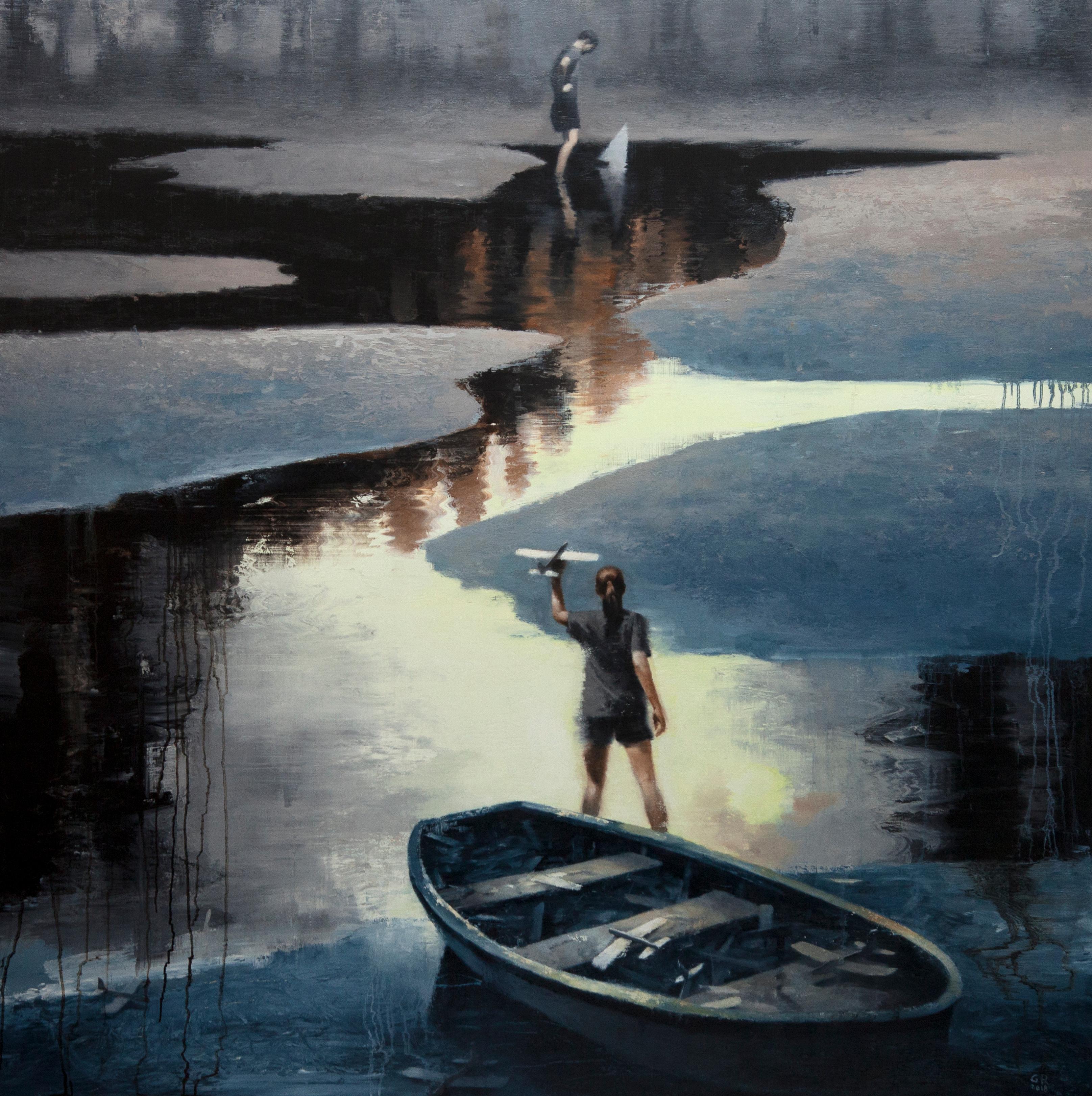 Gary Ruddell Landscape Painting - YELLOW MOON - Figurative Painting / Lake / Nature / Teenagers / Airplanes / Boat