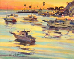 „Santa Catalina Island Harbor“ Meereslandschaft bei Sonnenuntergang in Öl auf Künstlertafel