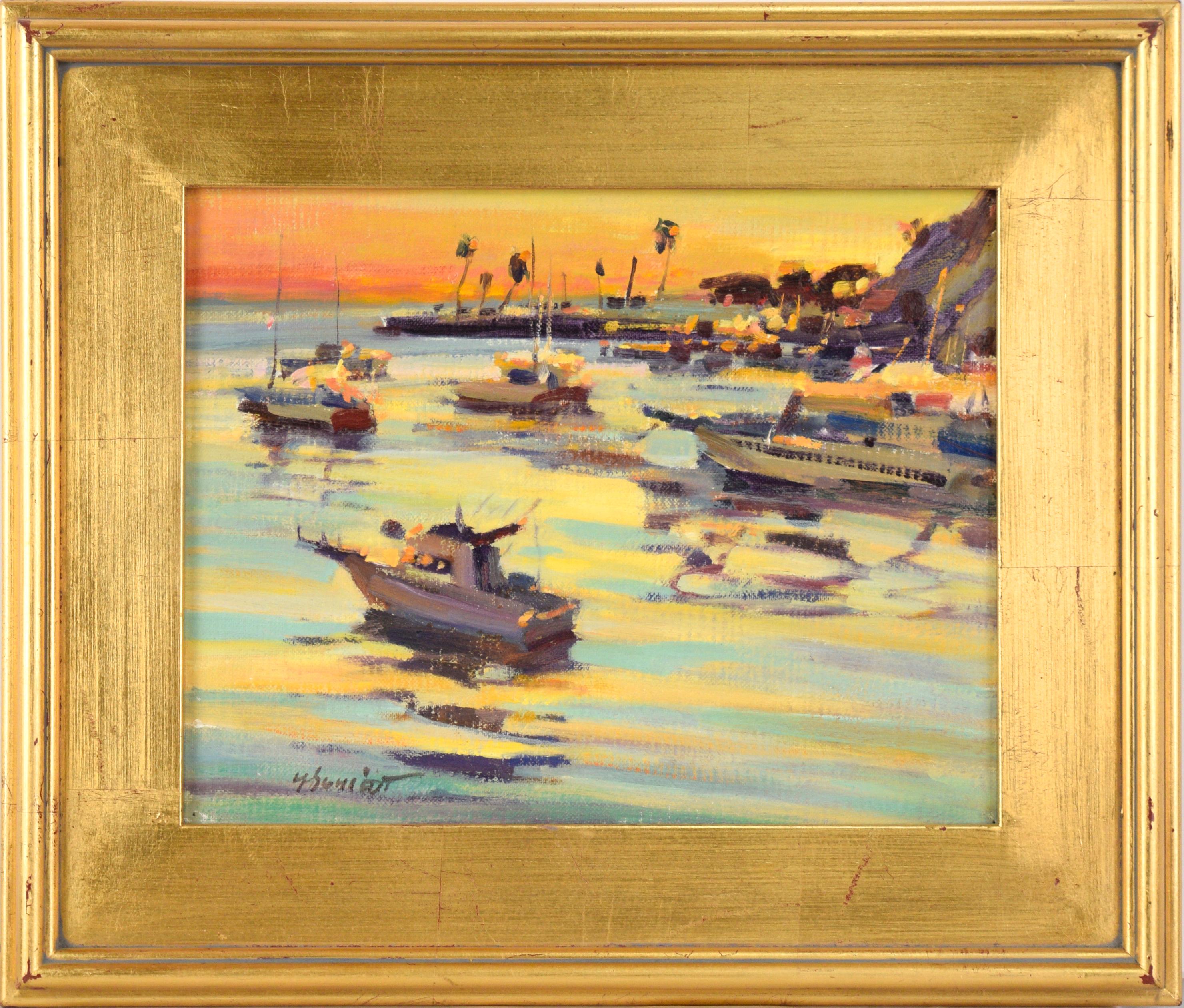 Landscape Painting Gary Schildt - "Santa Catalina Island Harbor" Paysage marin au coucher du soleil à l'huile sur panneau d'artiste