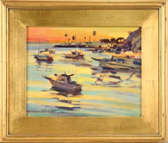 "Santa Catalina Island Harbor" Seascape at Sunset in Oil on Artist's Panel