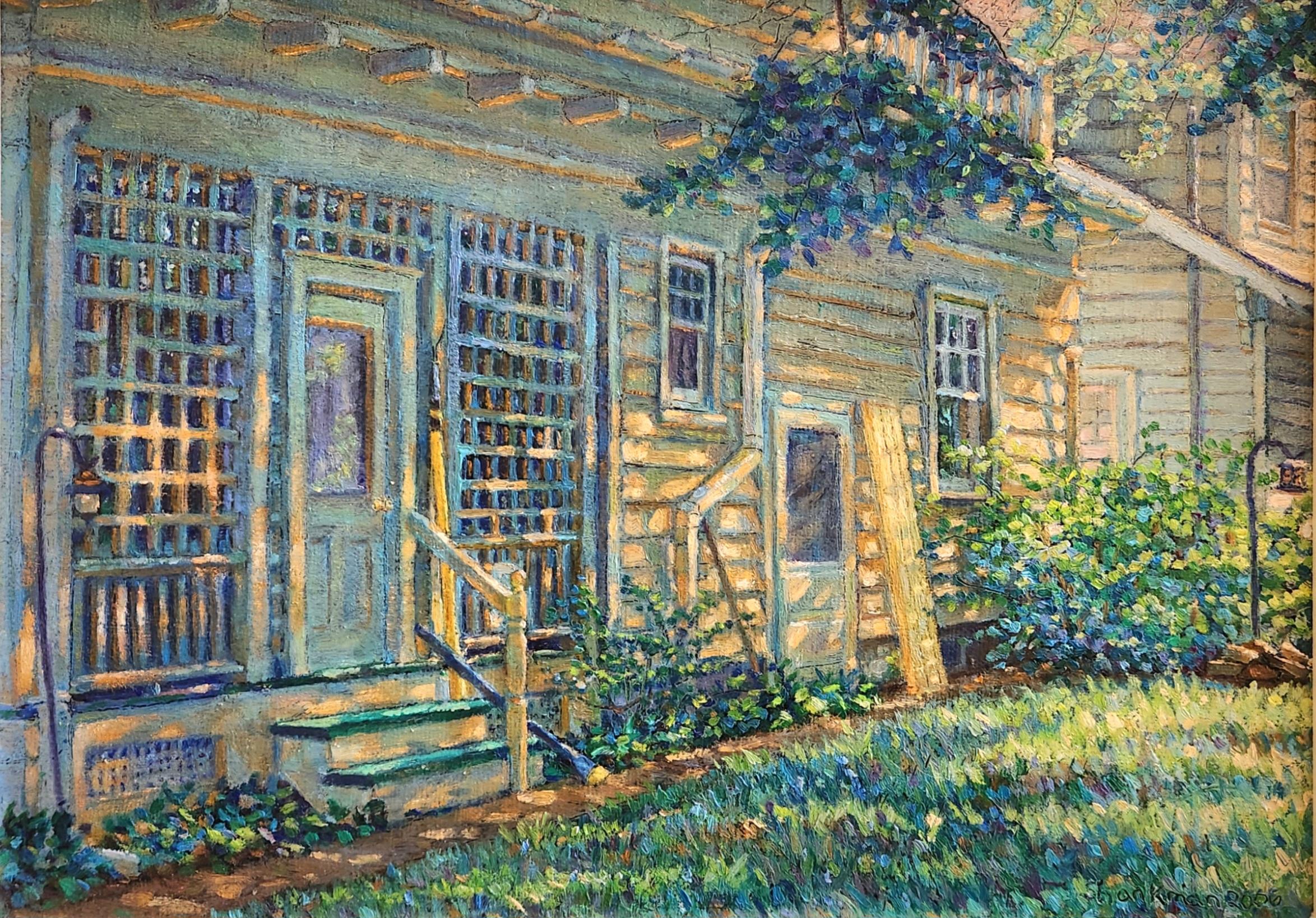 This oil painting on linen shows the entrance and porch of an older house in Upstate New York's Albany,  It underscores the masterful handling of light by the artist. Sunshine is dappled across the front of the house as it comes through the trees,