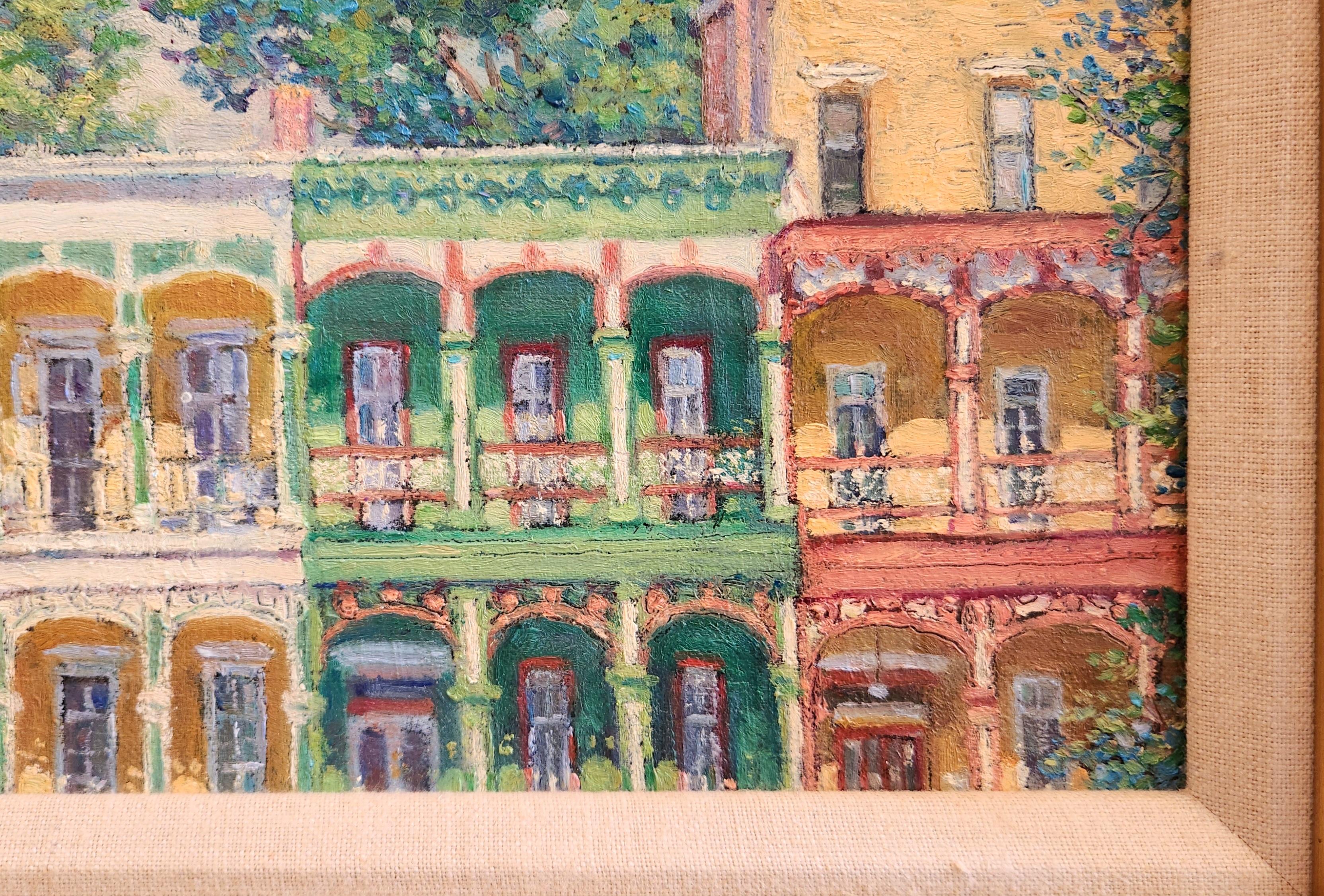 This oil on linen painting of a group of three colorful row houses provides a unique slice of the urban landscape in Albany, NY. The highly detailed houses show open porches, startling for the cold Upstate NY weather, but typical of this corner of