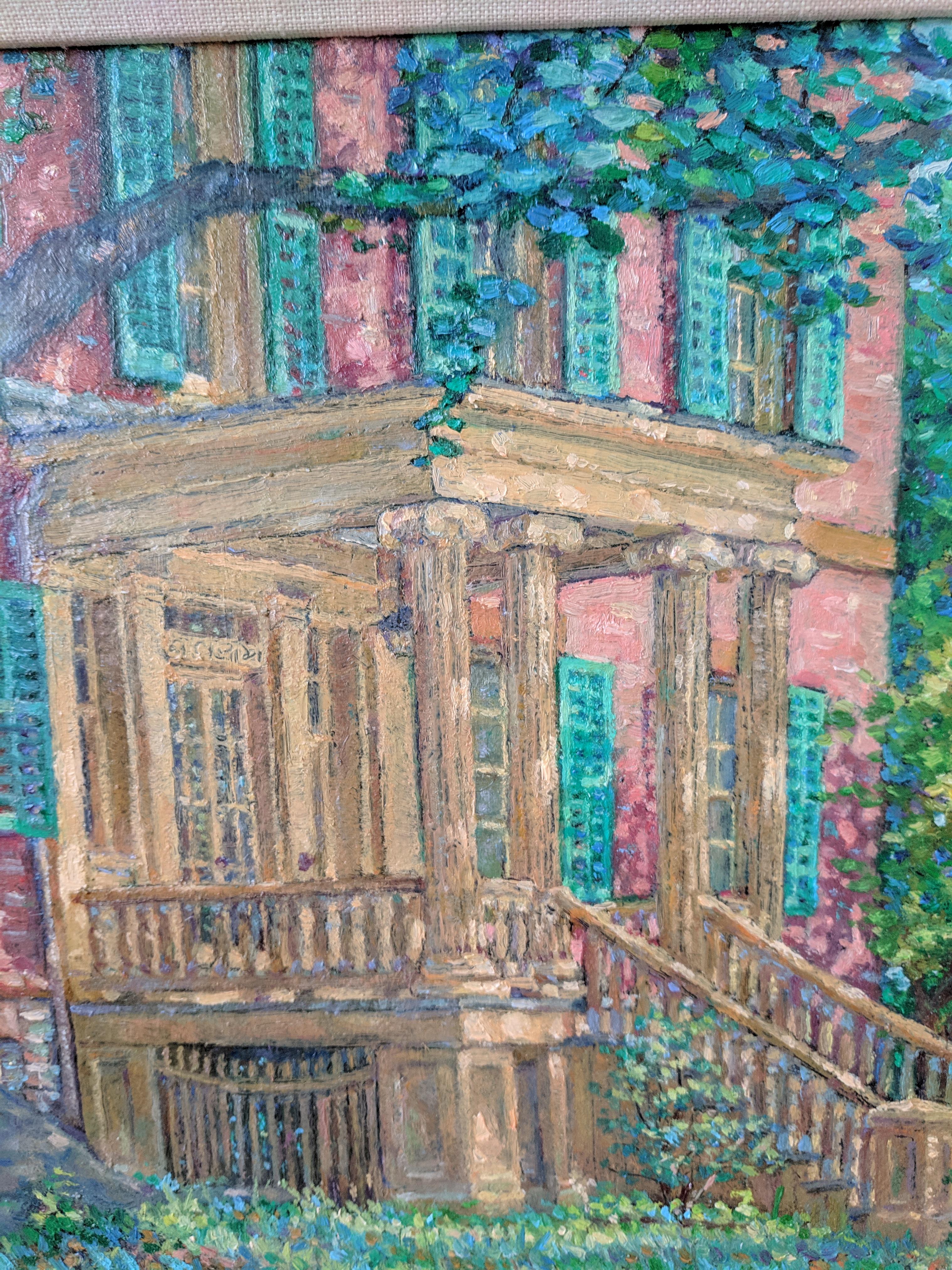 This is an oil painting on linen featuring a historic house from the 1790s in Albany, NY during the Patroon period. Ten Broeck Mansion is a  house-museum, and the painting showcases the columns constructed in Greek-Revival style when the house was