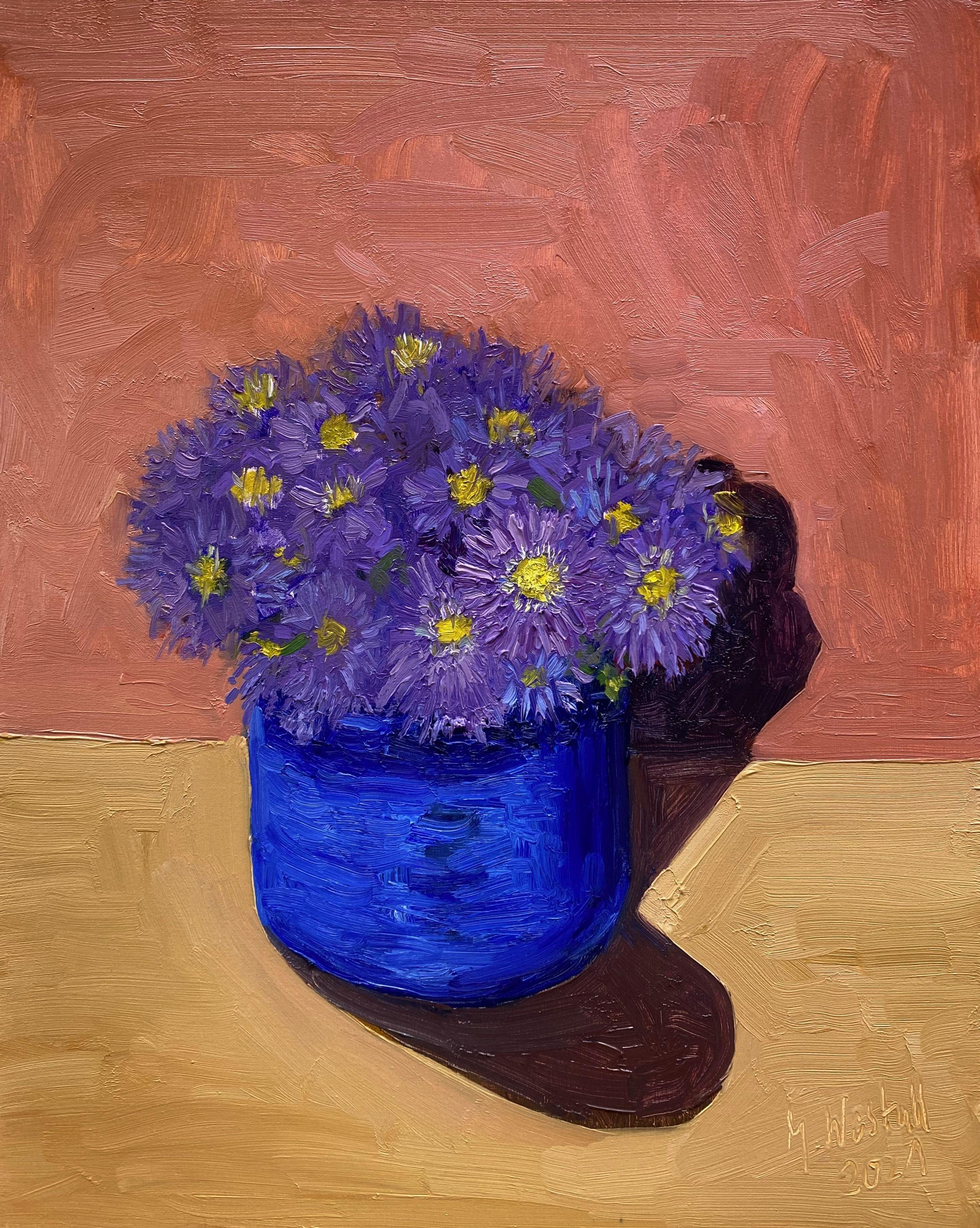 A small still life of one of my favorite flowers Autumn Asters.  I had a lot of fun and joy painting this subject, using thick paint and strong shadow light contrasts.    Oil on HDF Board  24x30cm :: Painting :: Impressionist :: This piece comes