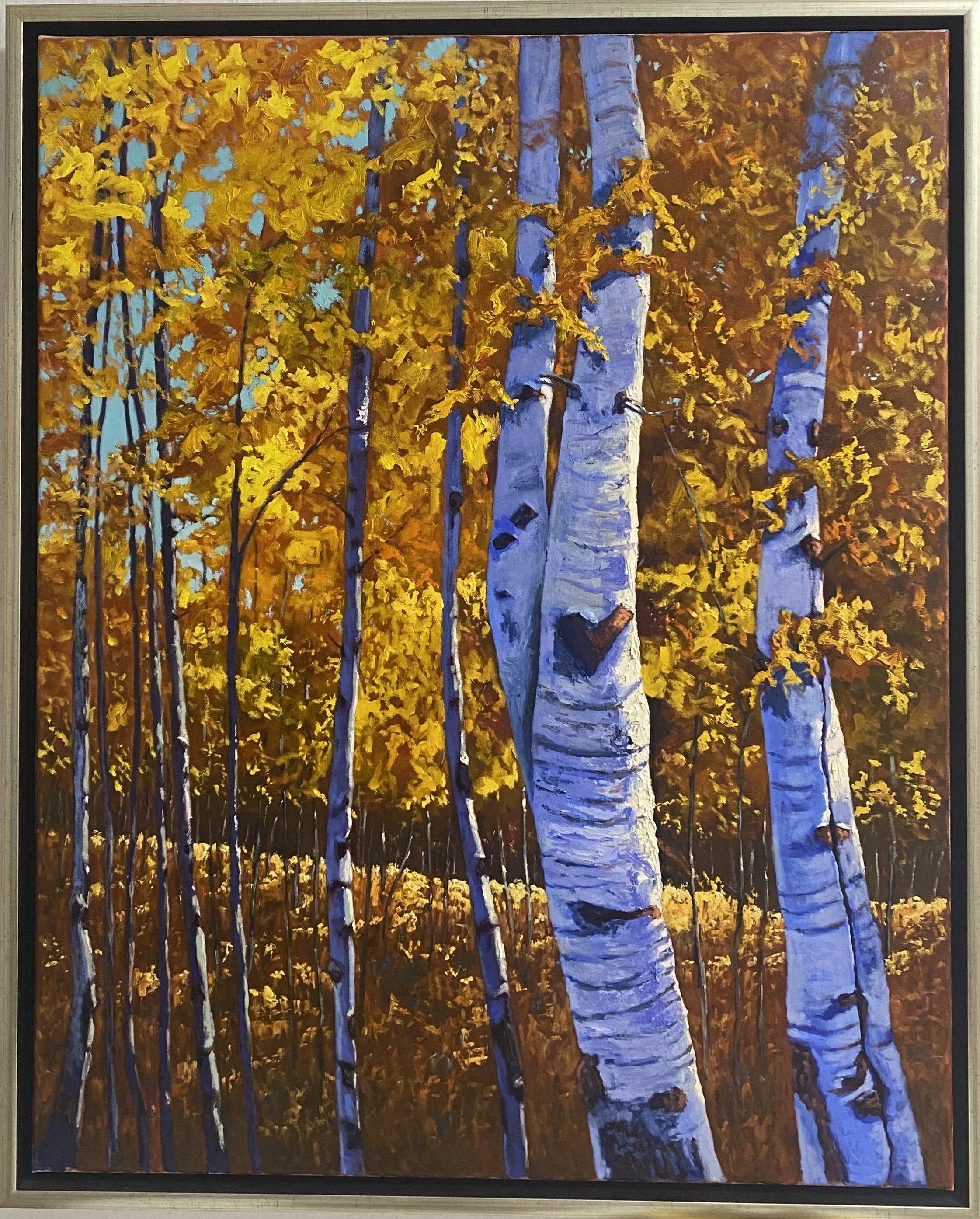 Une automne dans la forêt de bouleaux, peinture sur toile - Impressionnisme Painting par Gary Westall