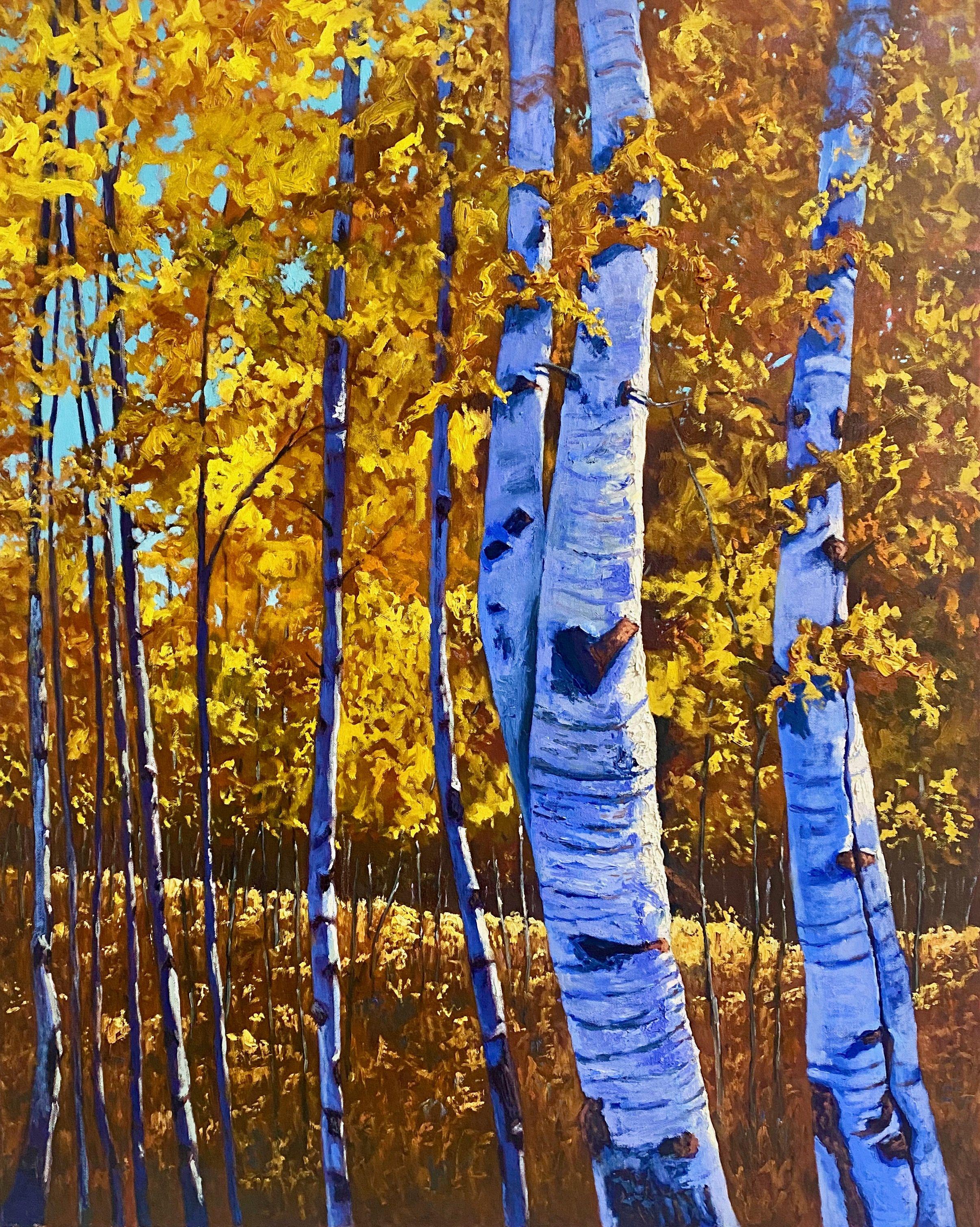 I often went for walks in this birch forest near where I live. The play between the complementary colors, blue and orange, fascinated me. :: Painting :: Impressionist :: This piece comes with an official certificate of authenticity signed by the