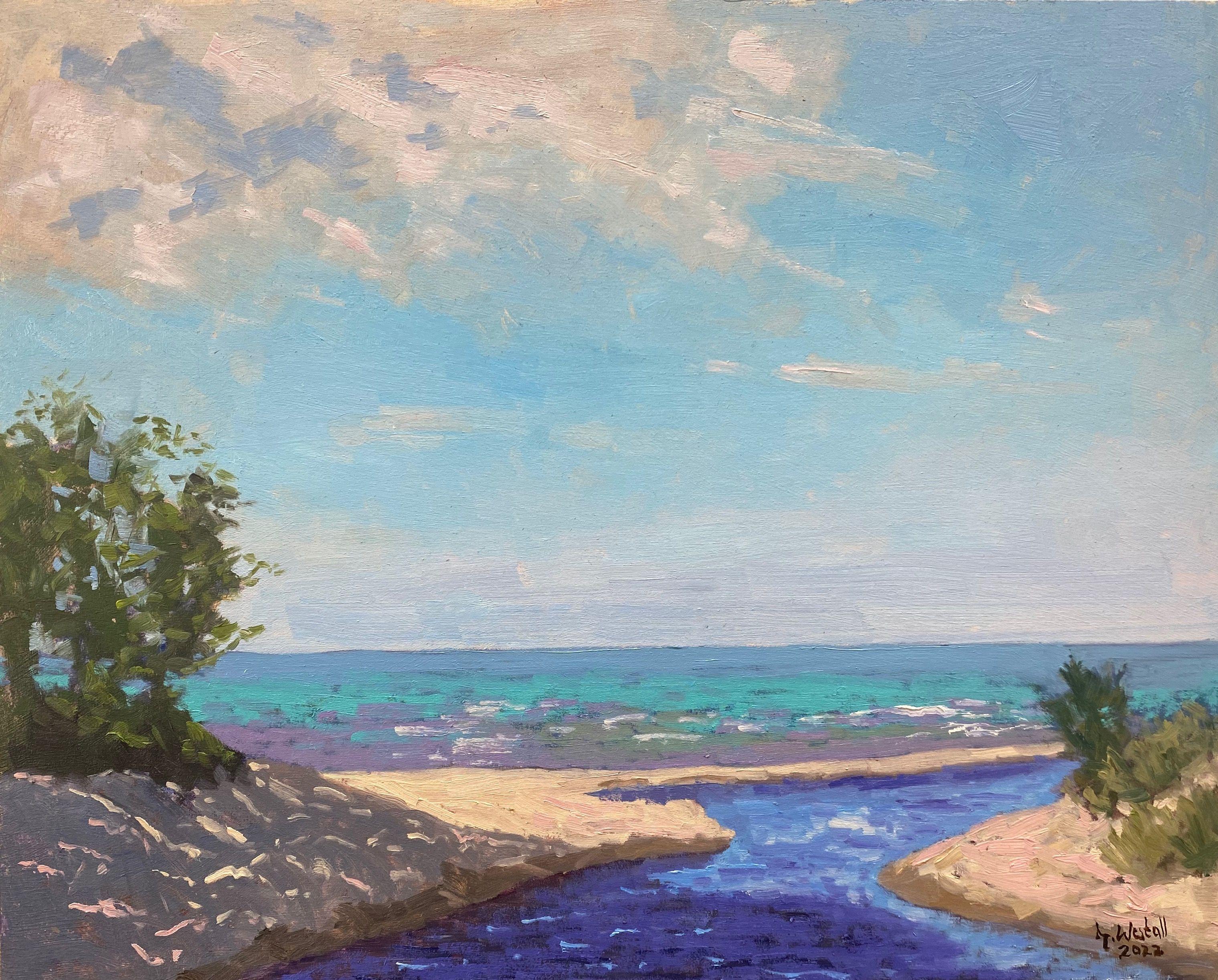 Plein air, Poland, 2022.  Painted where the Czerwona flows in the Baltic Sea. The day was hot, sunny and calm. The colors were wonderful, just beautiful.  Oil on HDF primed, with Gesso. :: Painting :: Impressionist :: This piece comes with an