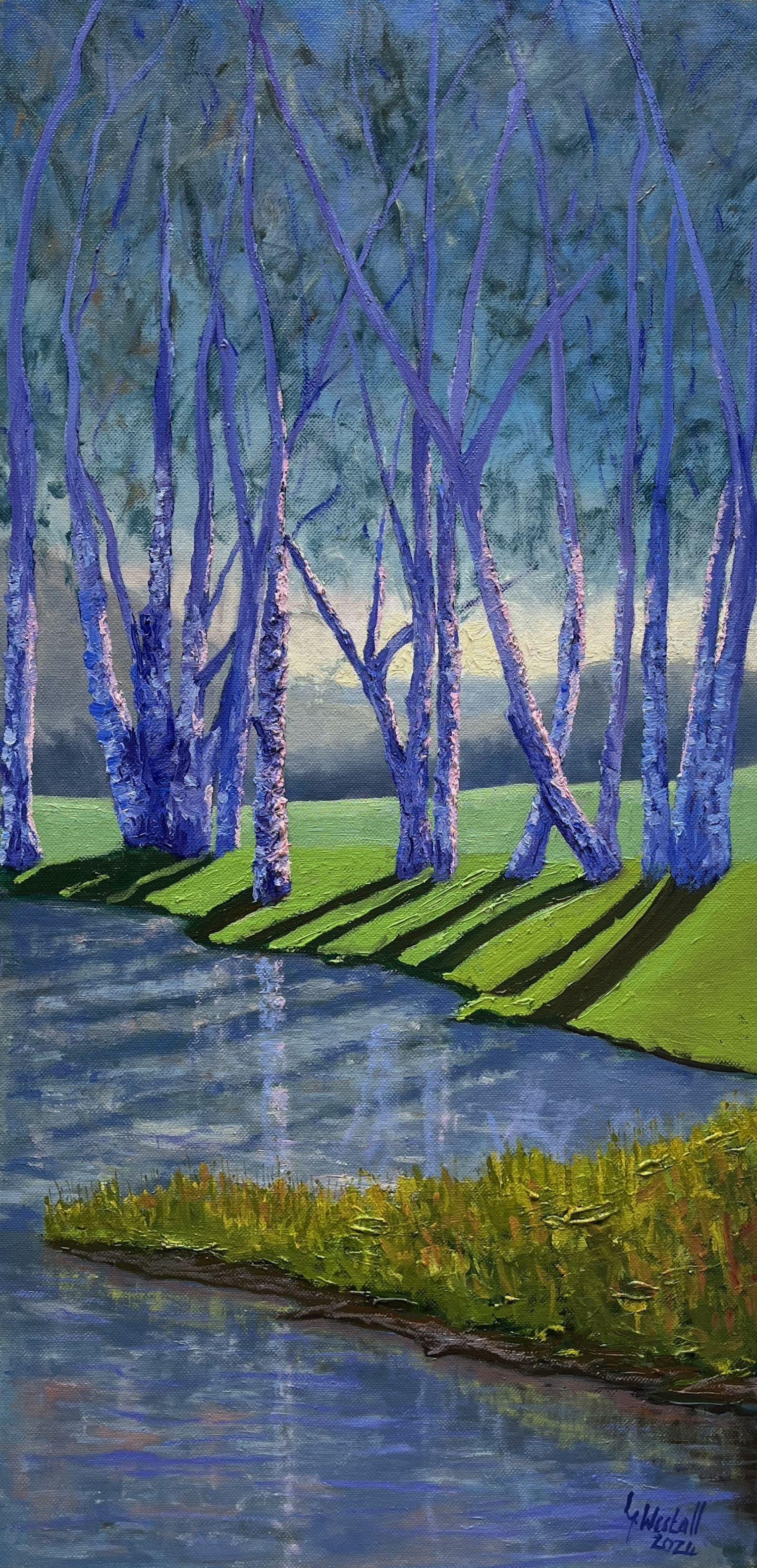 J'ai découvert ces magnifiques bouleaux lors d'une promenade nocturne le long de l'Aue. Ils brillaient d'une lumière magnifique et m'ont immédiatement inspiré.  Signé en bas à droite.  Huile sur lin - 30 x 60 cm.  Attention ! La peinture étant par