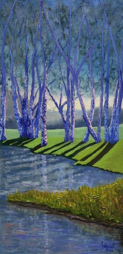 Birch trees in the evening light, Painting, Oil on Canvas