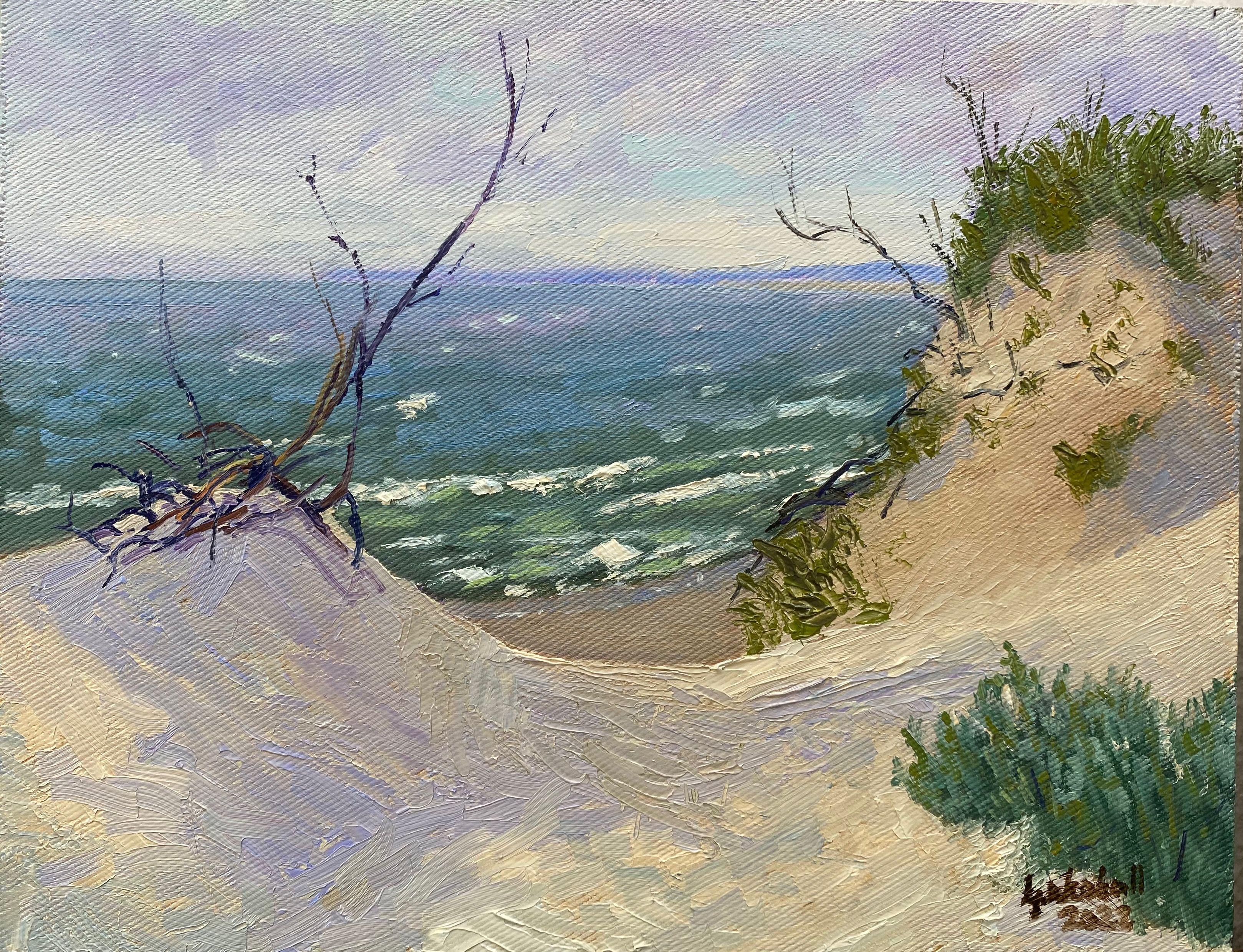 Plein air, Poland, 2022.  As I searched between the dunes for protection from the sun and wind, I found this wonderful sheltered spot and painted it right away.  Oil on cotton laminated on HDF. :: Painting :: Realism :: This piece comes with an