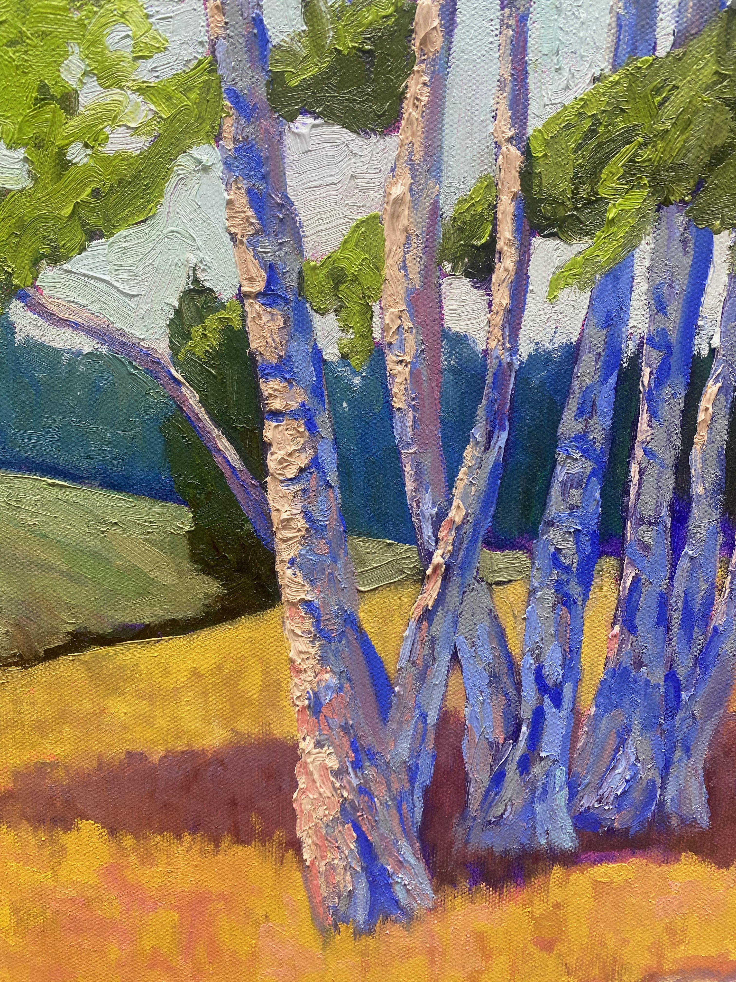 The painiting was created during a meeting with my painter colleagues in my studio based on a photo by Edeltraud Woydeck. This is the second version and, like the first, was a great experience to paint. I love these trees. I wanted to play and