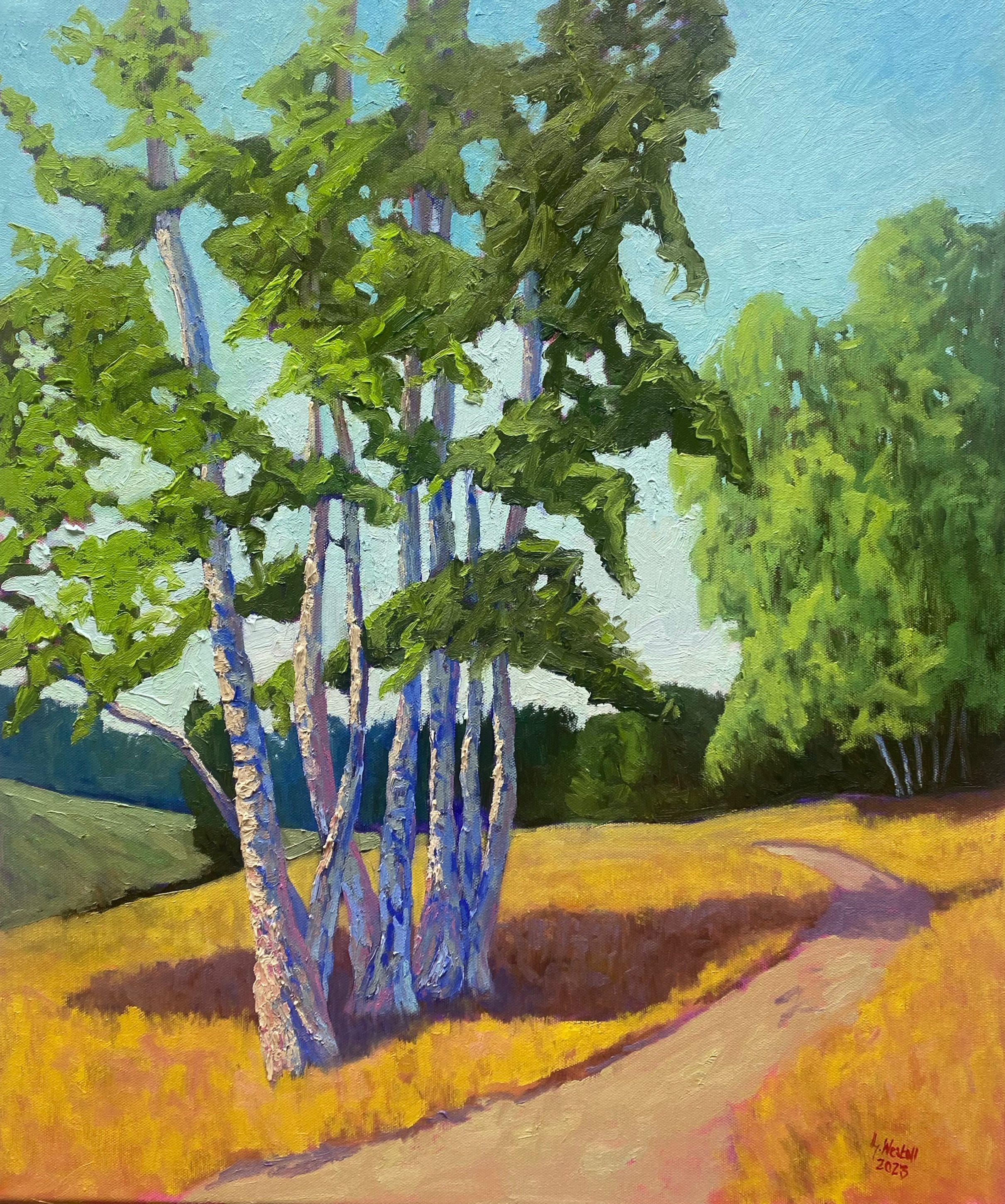Edeltrauds Birchtrees II in Marxener Paradies, Gemälde, Öl auf Leinwand – Painting von Gary Westall