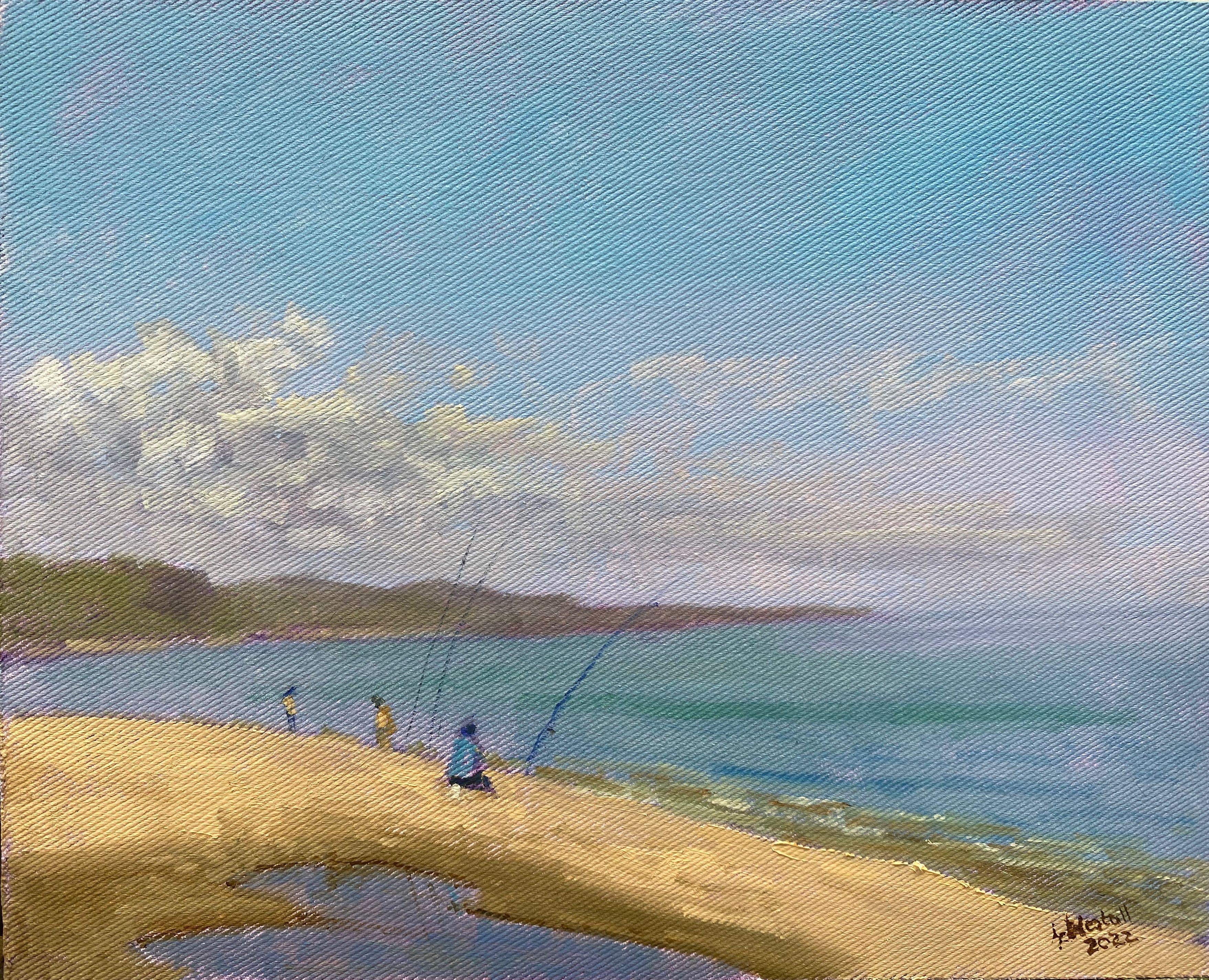 Plein air, Poland, 2022.  In the near where the Czerwona flows into the Baltic Sea is a very popular fishing spot. Anglers have been targeting garfish and from what I've seen they have been quite successful.  Plein air painting tour, Poland.  Oil on