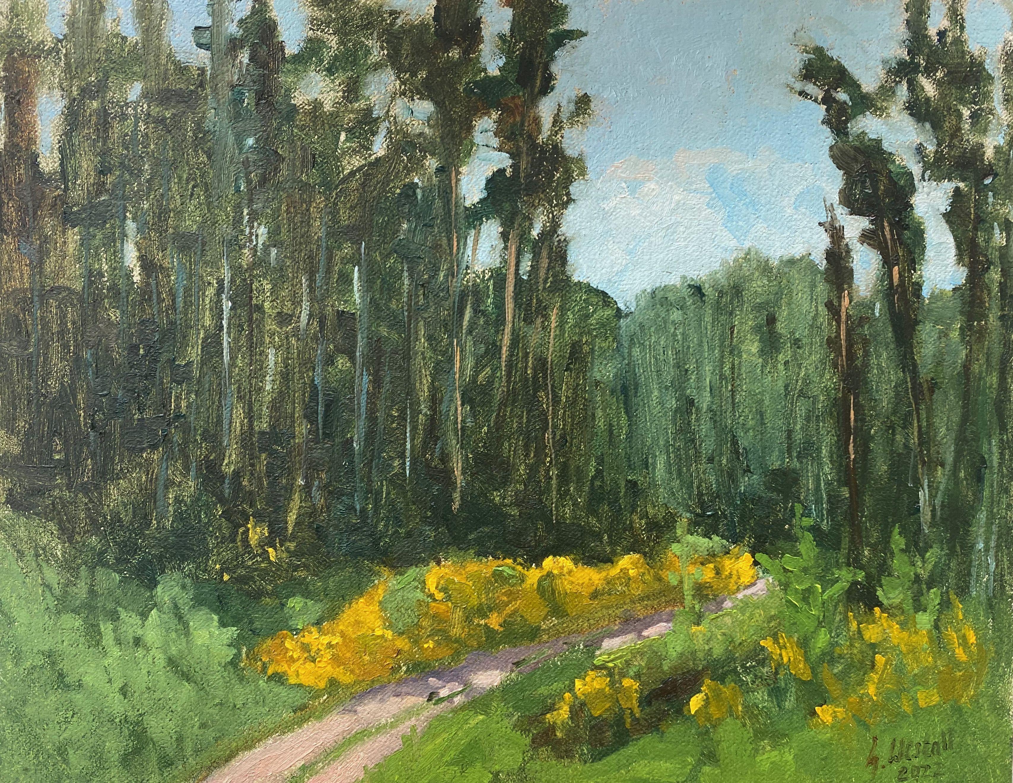 Plein air, Poland, 2022.  On the way back to my accommodation in Klopotowo, I saw this eye-catcher flowering gorse in the Forest afar.  Oil on linen laminated on HDF. :: Painting :: Realism :: This piece comes with an official certificate of