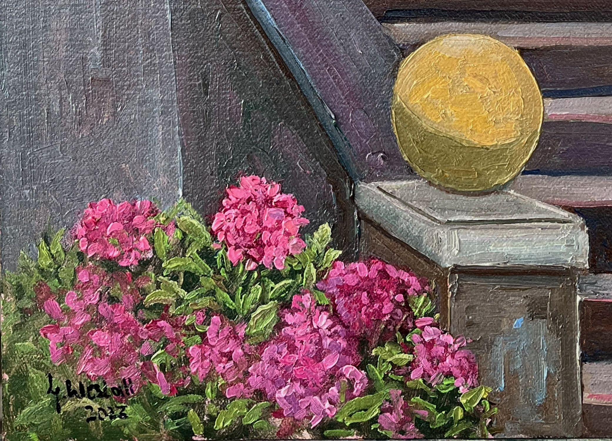 Hydrangeas am hinteren Eingang, Gemälde, Öl auf MDF-Paneel (Impressionismus), Painting, von Gary Westall