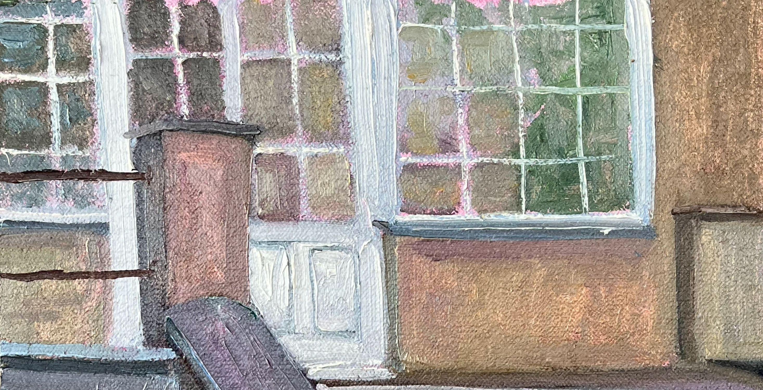Plein air gemalt in den Gärten von  Gutshof Klopotowo, Polen, im Jahr 2023.  Schon der Hintereingang ist einladend. Ich mag diese alten Häuser mit ihren Geschichten und ihrem Charme sehr.   Signiert unten links.  Öl auf Leinen laminiert auf HDF -