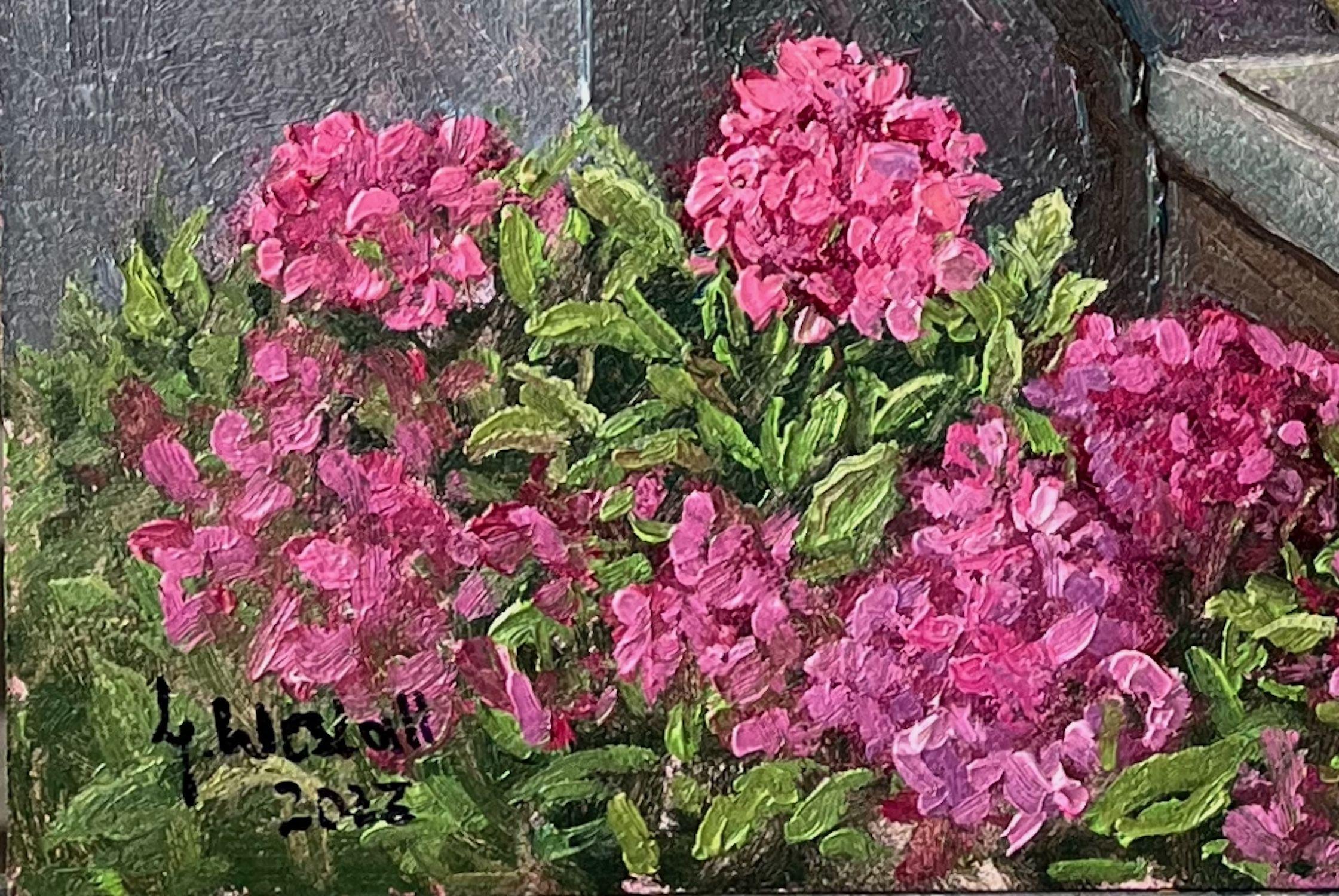 Hydrangeas am hinteren Eingang, Gemälde, Öl auf MDF-Paneel im Angebot 1
