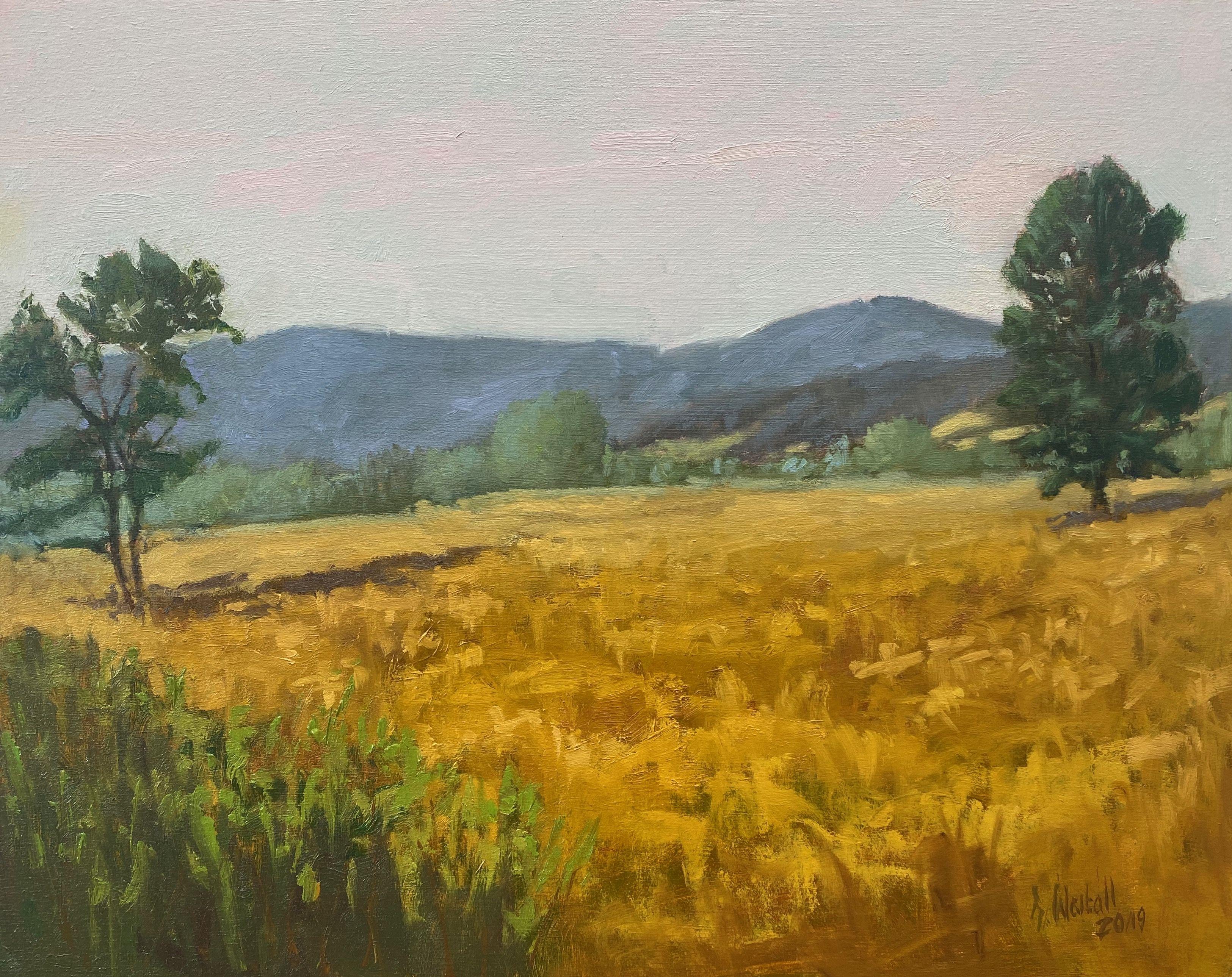 Painted Plein air in the nearby Moor. The color of the grass caught my eye, it seemed to be framed by the Pine trees. :: Painting :: Impressionist :: This piece comes with an official certificate of authenticity signed by the artist :: Ready to