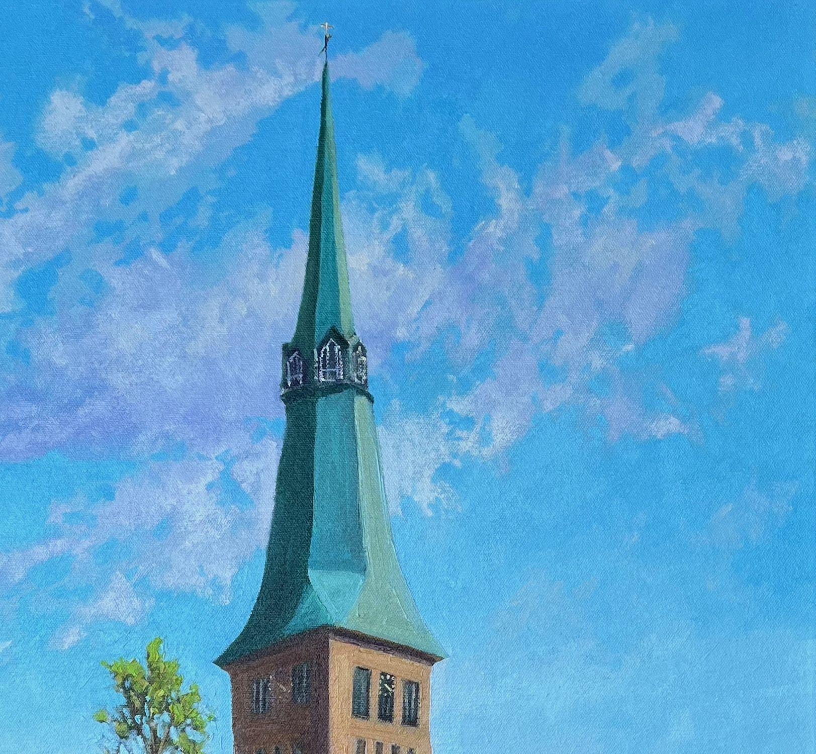 Ich habe dieses Gemälde im Rahmen einer Veranstaltung im Jahr 2017 begonnen und 2024 fertiggestellt.  Die Marktkirche St. Nicolai in Hameln ist die zweitälteste Kirche Hamelns und stammt aus dem 13. Jahrhundert.  Signiert unten rechts.  Öl auf