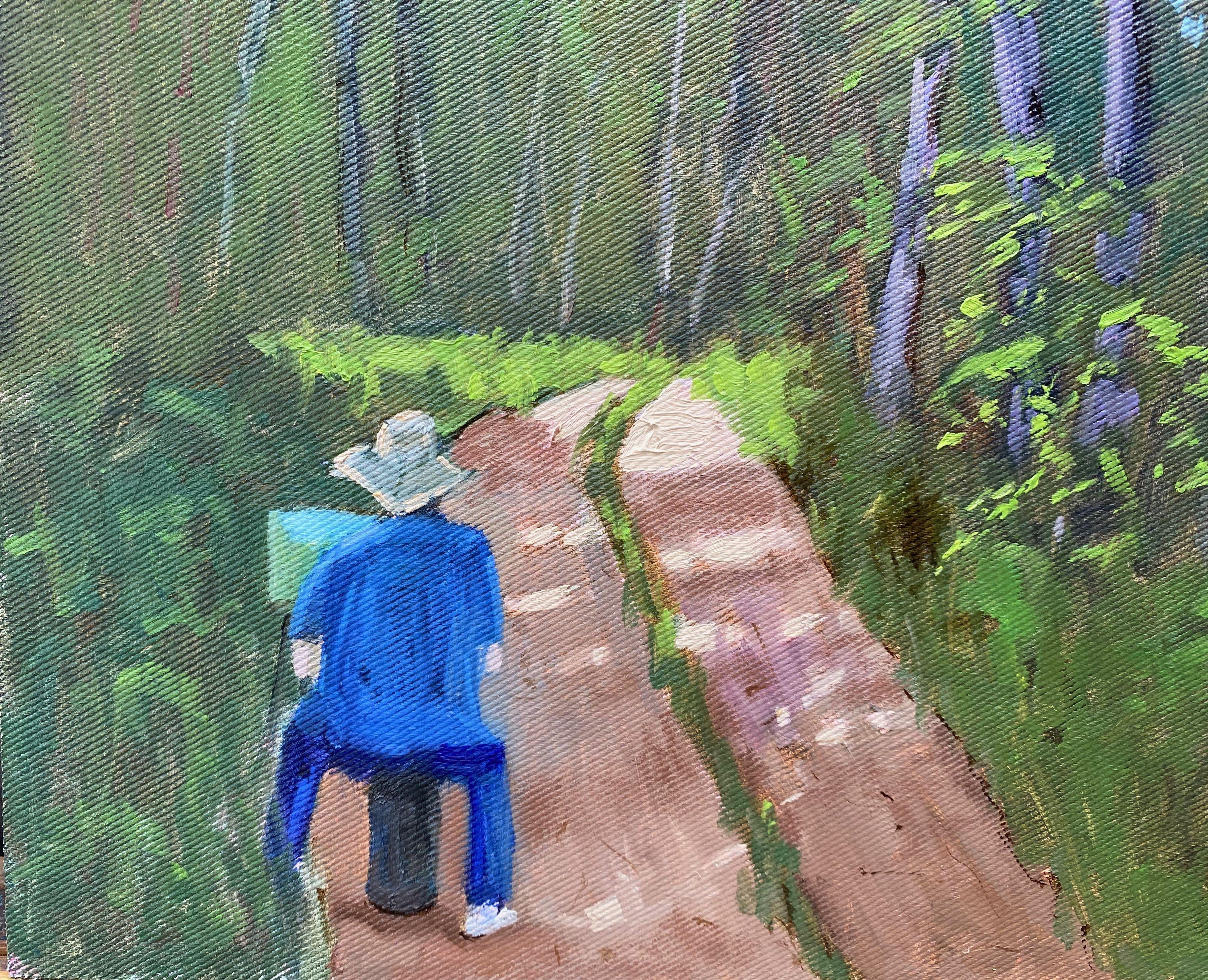 Plein air, Poland, 2022.  On the second day, I was in the forest with my painter colleague, and we painted together. She painted the forest path and I painted her painting. A beautiful, well-kept forest with old trees near our accommodation in