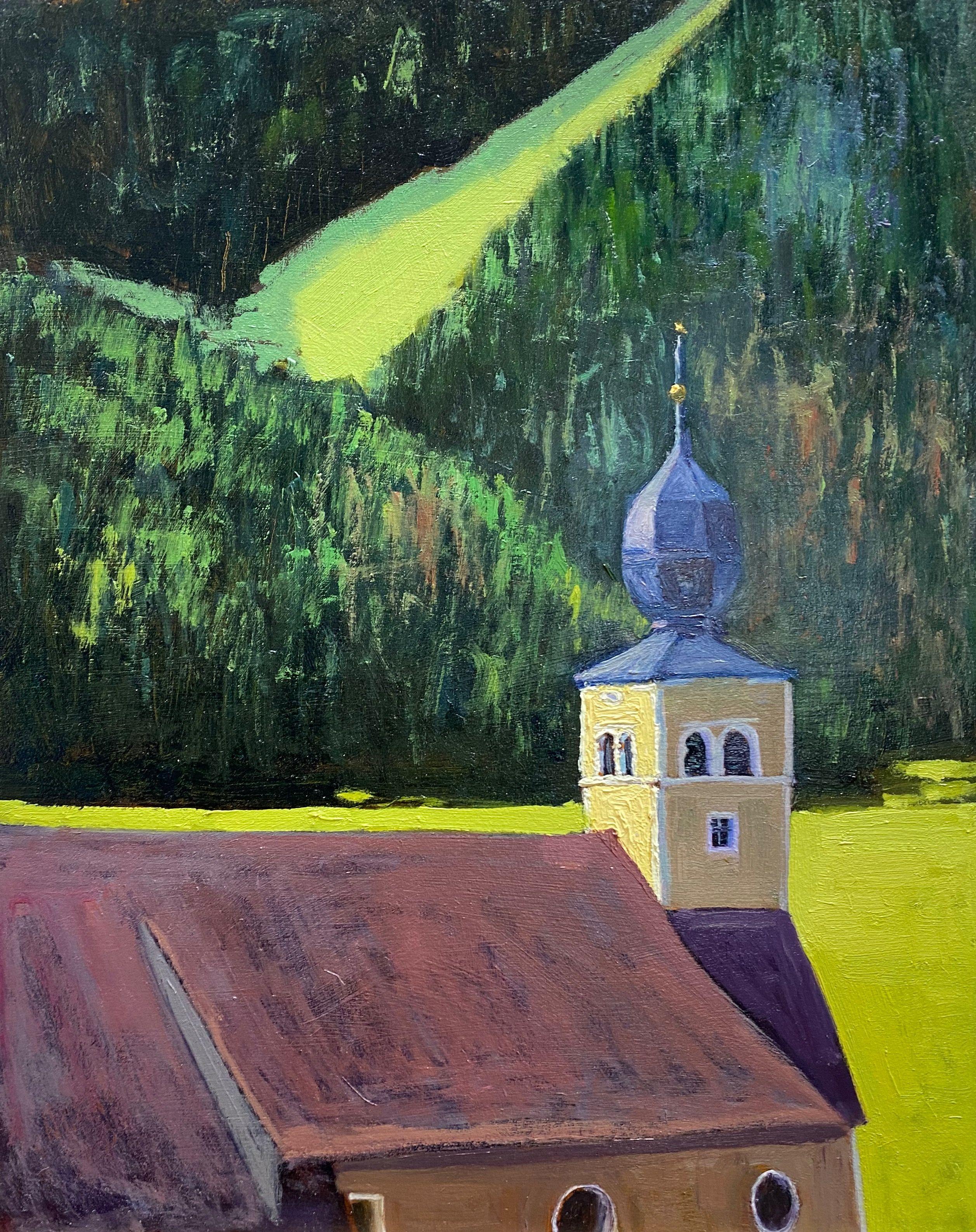 Parish Church of St. Bartholomaeus, a beautiful church in Hohentauern, Styria, Austria.  Painted  plein air.  Oil on HDF :: Painting :: Impressionist :: This piece comes with an official certificate of authenticity signed by the artist :: Ready to