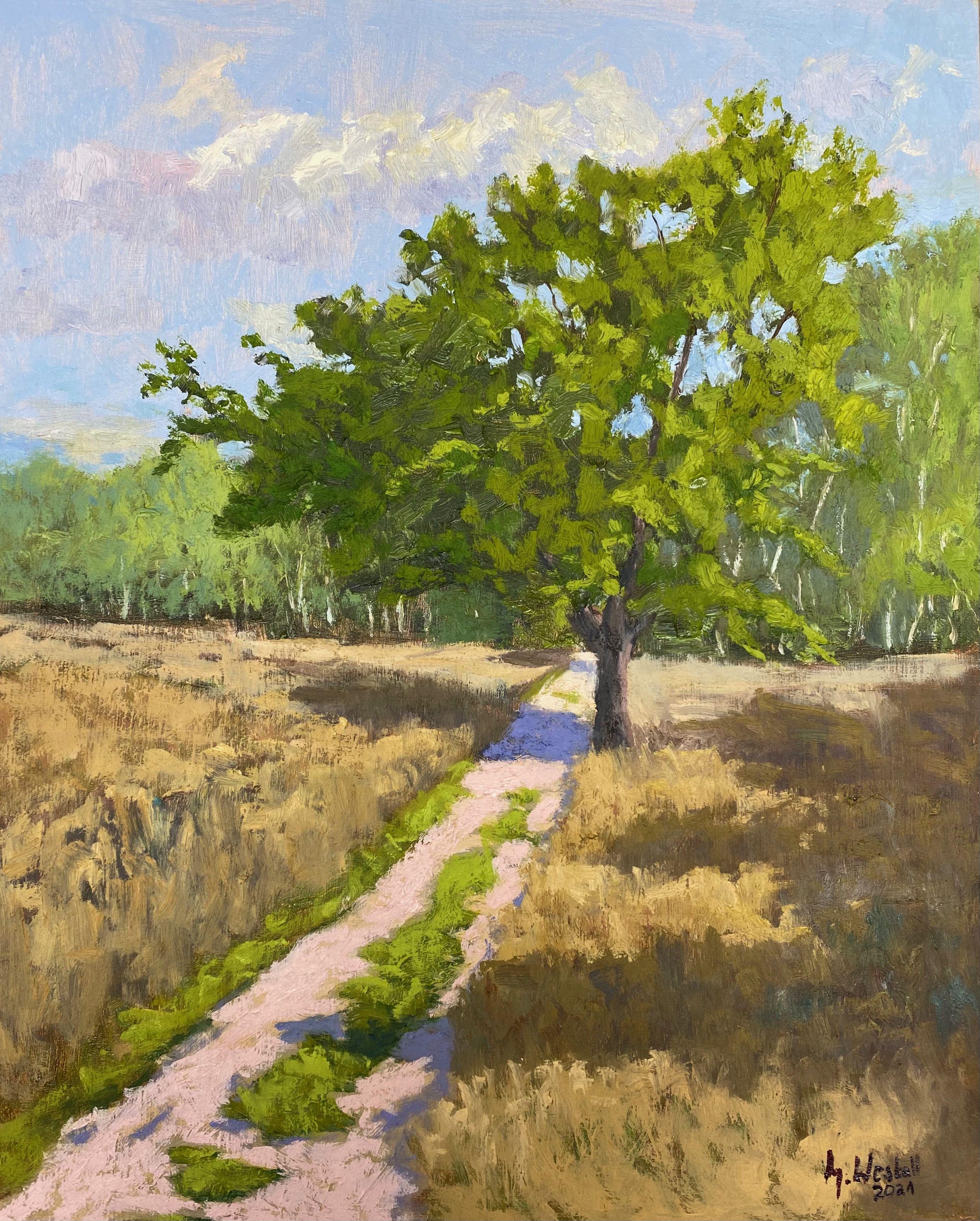 Plein air nella grande torbiera di Rheine, Hille Germania, Pittura, Olio su tavola - Painting di Gary Westall