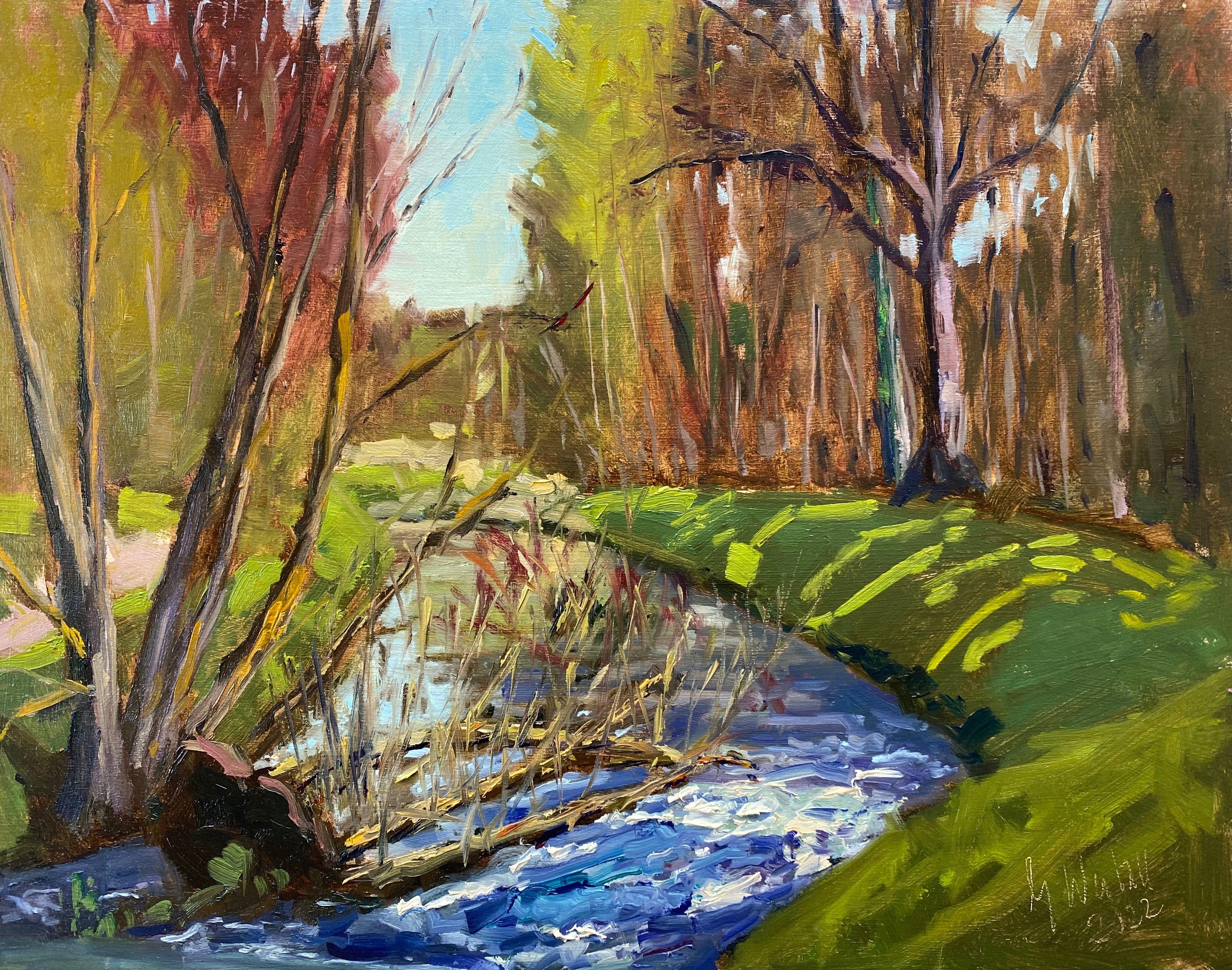 A plein air painting on the River Big Aue, Espelkamp, Germany. I love this place it always presents new subjects to paint. The little waterfall attracted my attention and I could sense, smell and see the feeling of spring. :: Painting ::