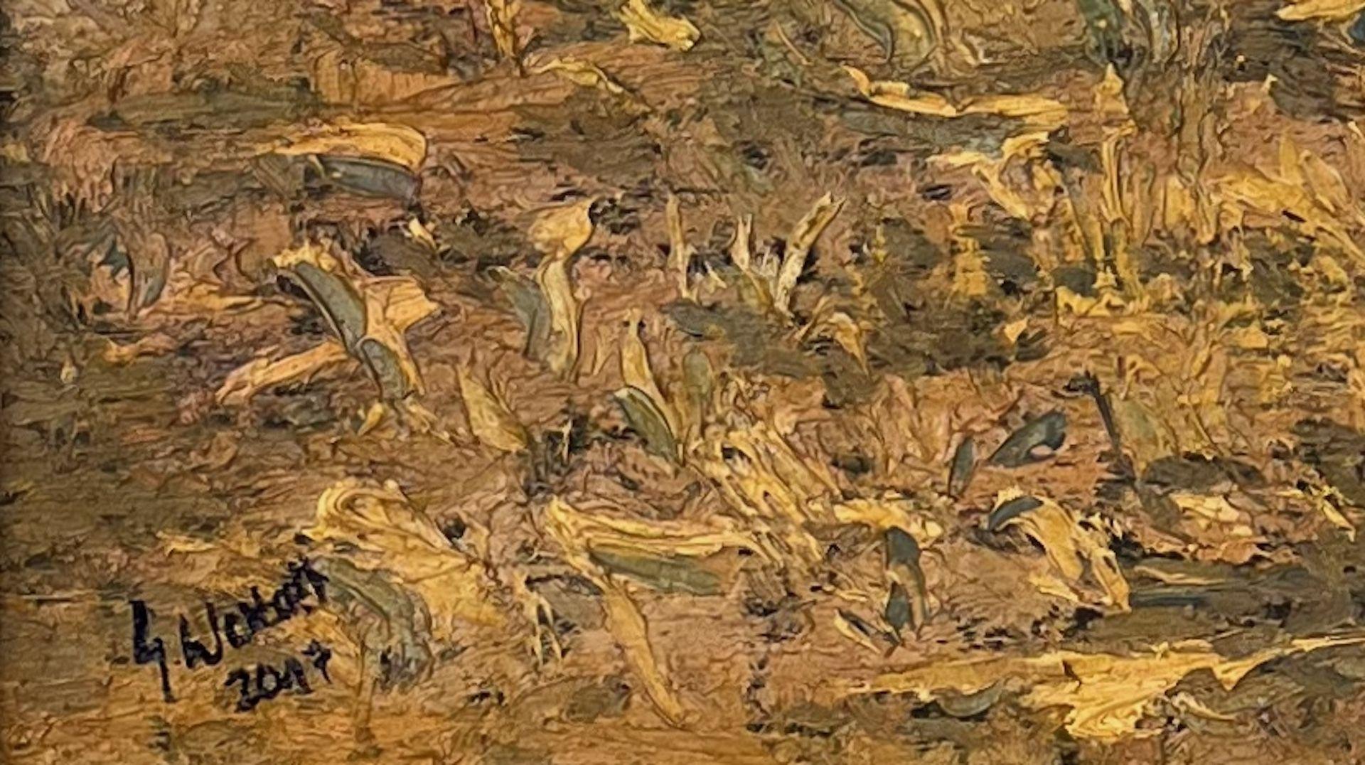 Die Strohballen, die ich bei meinem Spaziergang entdeckte, leuchteten so hell, als würden sie direkt von der Sonne angestrahlt.  Signiert unten links.  Öl auf MDF - 50x40cm :: Gemälde :: Impressionist :: Dieses Werk wird mit einem offiziellen, vom