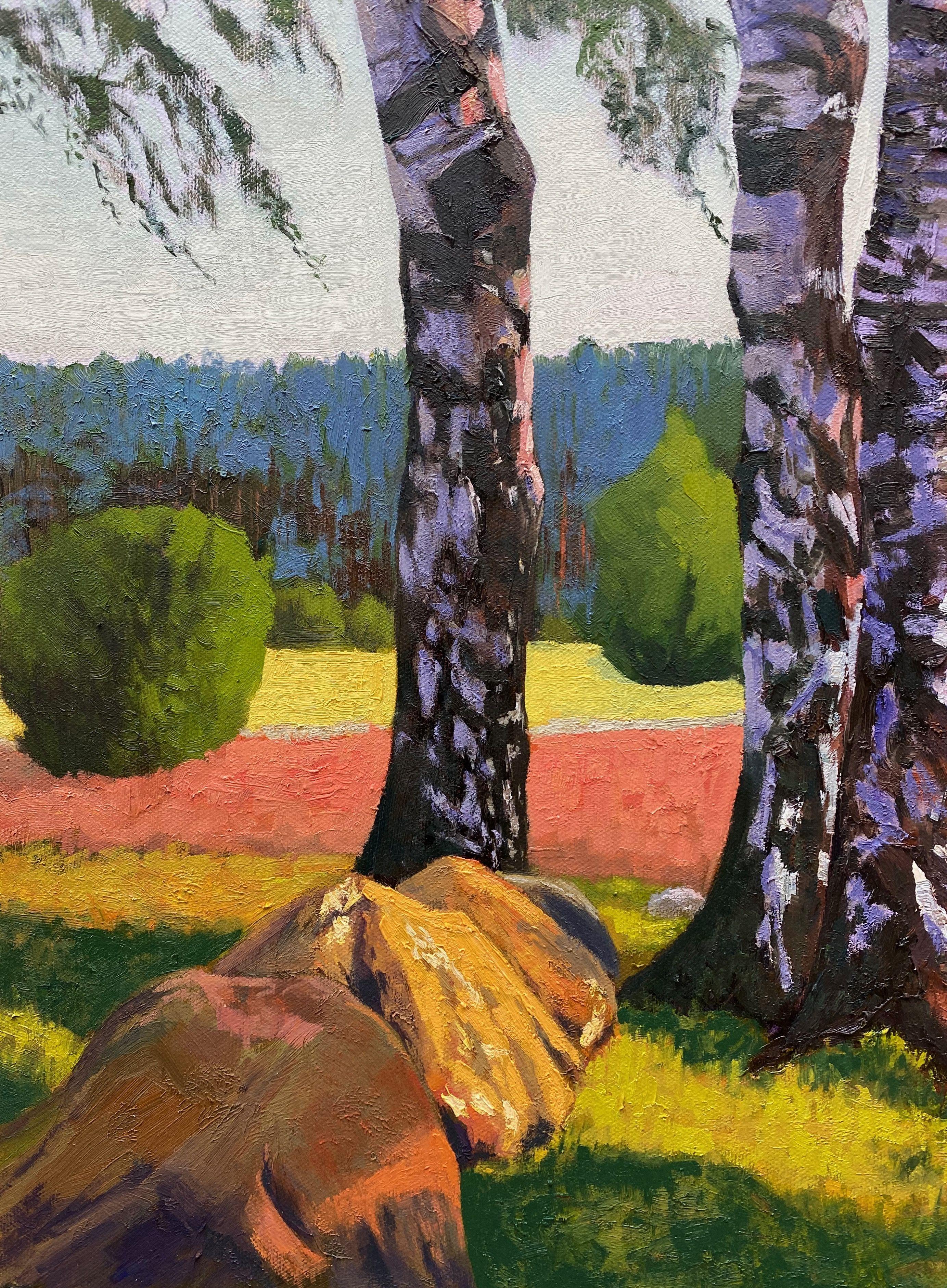 I became the inspiration for this painting from a Photo sent to me from Mrs. Woydeck, she lives near the beautiful Ellendorfer Heath, Germany.   My aim was to capture the warmth of the sunlit boulders, bathing in the sun.   :: Painting ::