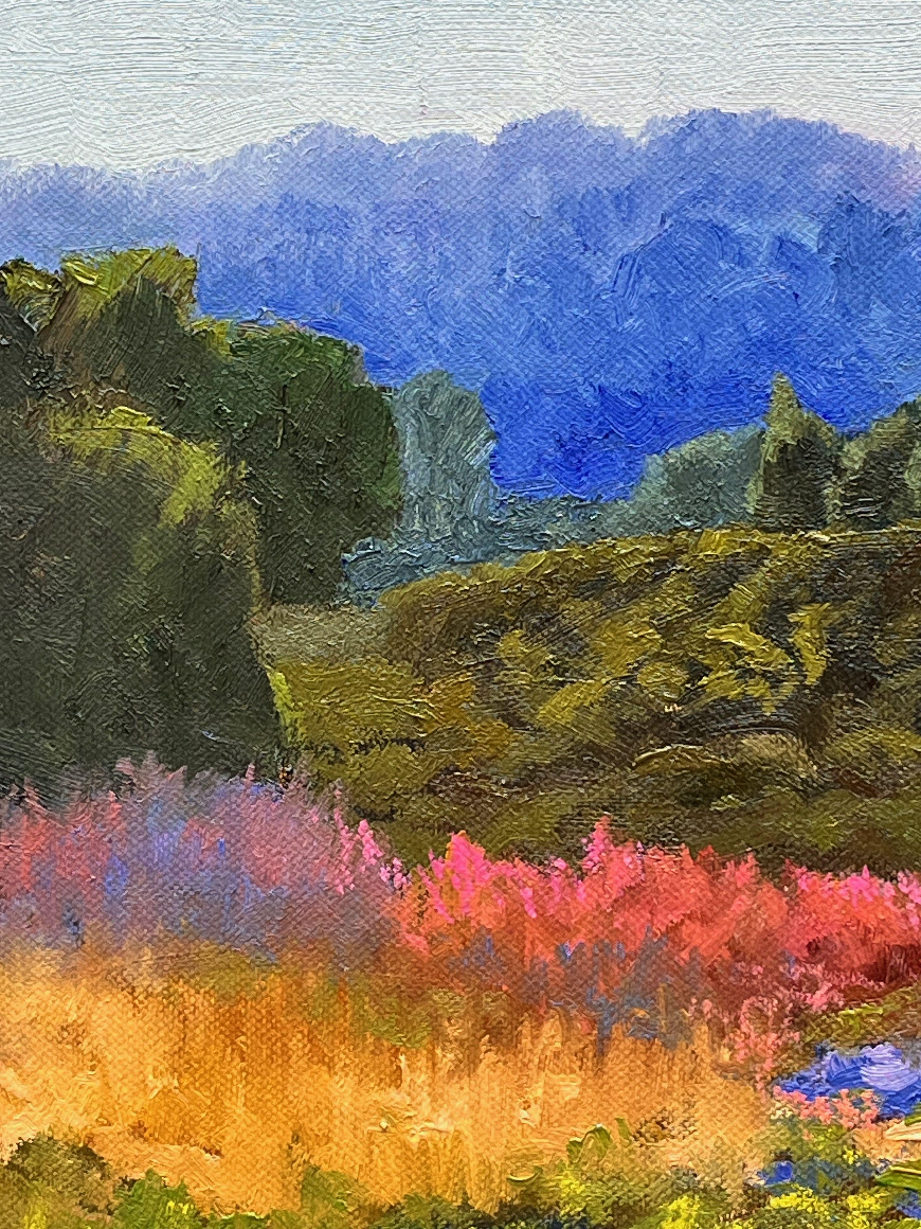 Der Nebel hat sich gelichtet und das Geheimnis von Oberhaverbeck am Turmberg und dieser einzigartigen Naturlandschaft in der Lüneburger Heide gelüftet.  Das Foto von Edeltraud Woydeck ist die Inspiration für das Werk.  Öl auf Leinen - 60 Ã- 30 cm. 