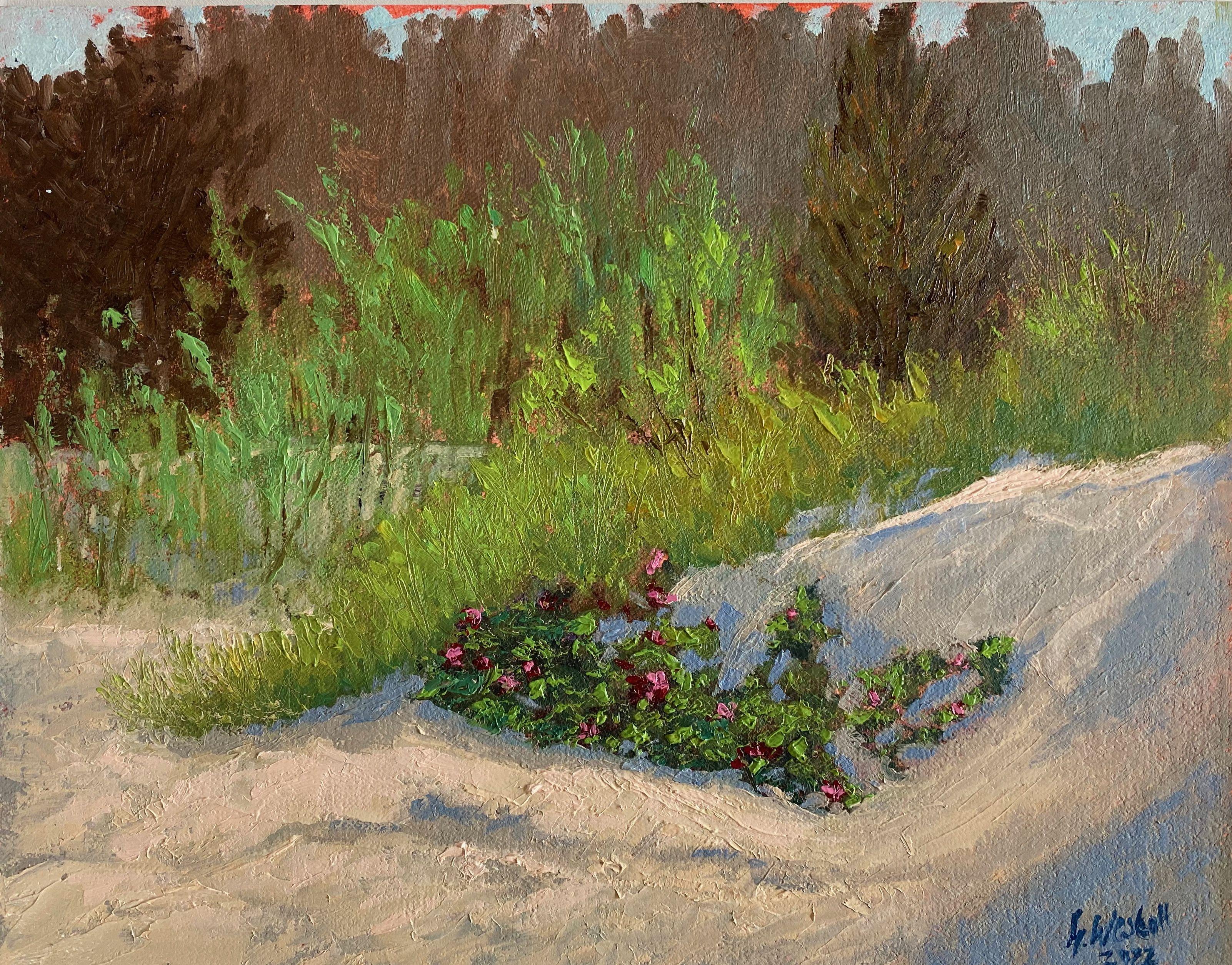 Plein air, Poland, 2022.  Painted between the dunes at Lazy Beach. The beach is located on a promontory between the Baltic Sea and the Jamno Lake near Mielno, both of which are connected by a canal. As I walked around through the dunes looking for a