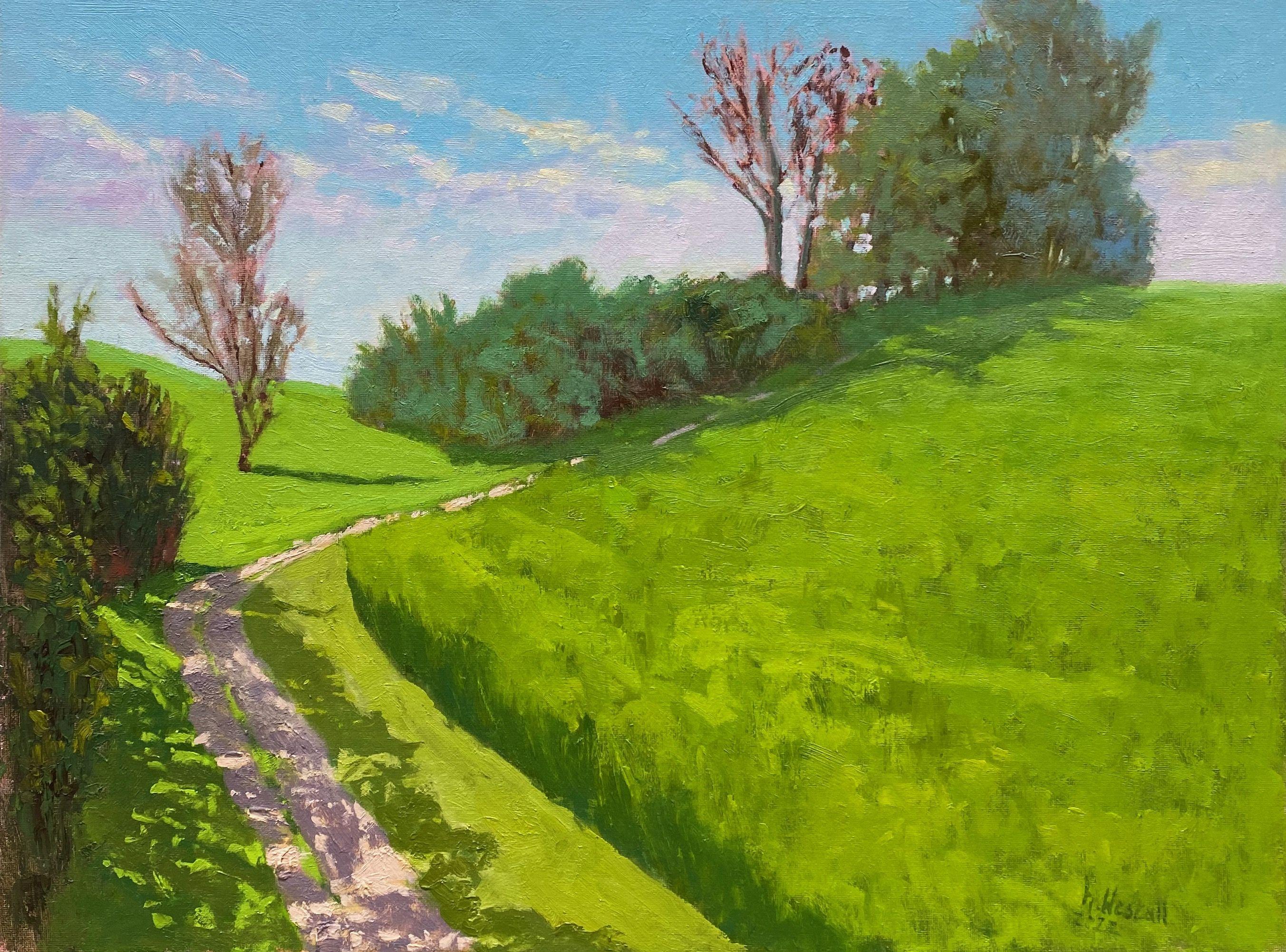 Painted at the Plein air Festival 2022 in Kuehlungsborn.  This is a country lane leading to the Baltic Sea over the Hill, below the Bastorf Lighthouse.  The play of light at the edge of the field fascinated me and prompted me to paint this painting.