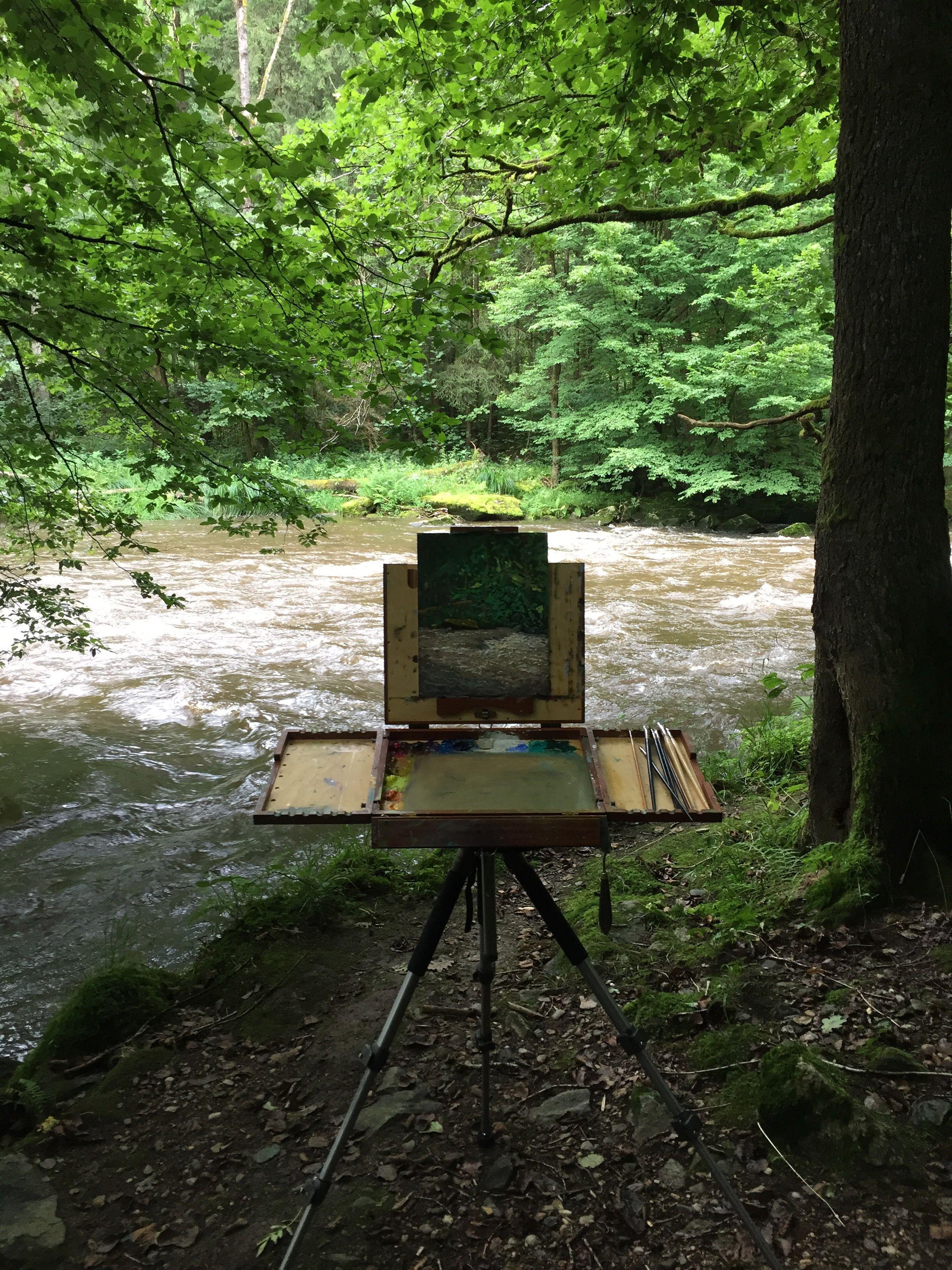 Plein air painting in Bavarian Nationalpark on the River Wolfsteiner Ohe, F├╝rsteneck Ohrbruck Germany.  What an experience, standing on the bank of this very fast flowing river, the sound was unbelievable, just fantastic. I had great fun using