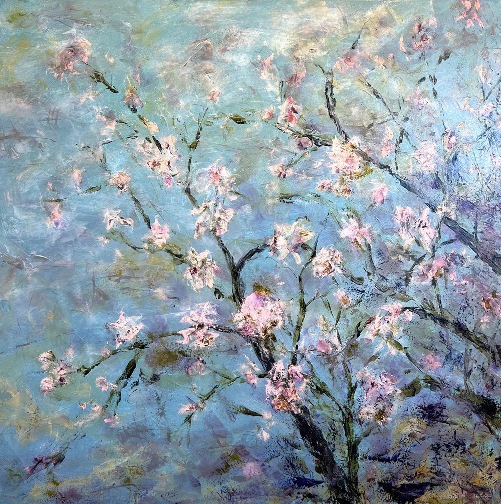Gary Zack, "Pink Blossoms", 36x36 Cherry Blossom Tree Blue Sky Painting