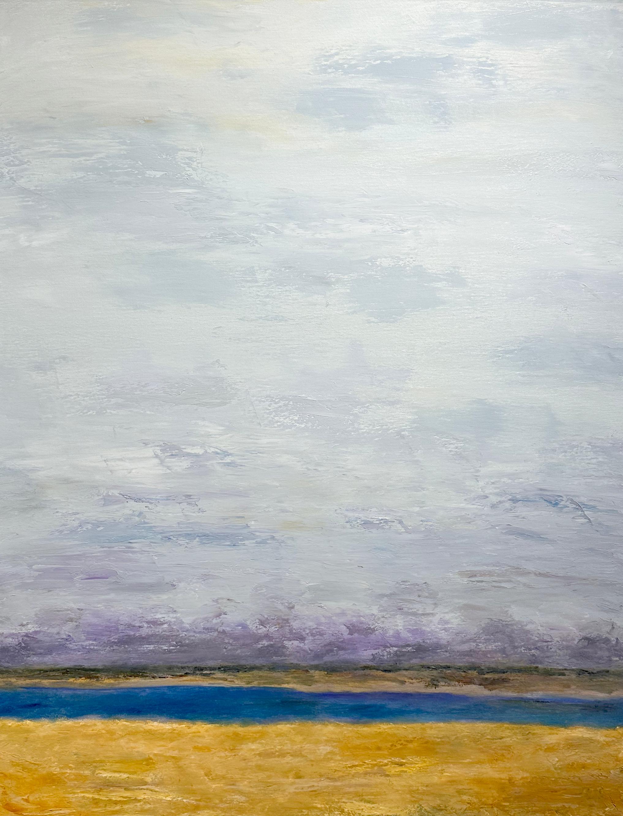 Das Werk "Endless Skies" ist ein 40x30 großes Ölgemälde auf Leinwand des Künstlers Gary Zack, das eine stimmungsvolle abstrakte Landschaft zeigt.  Wolken füllen einen dunstigen violetten und blauen Himmel, der sich über einem warmen, sumpfigen Land