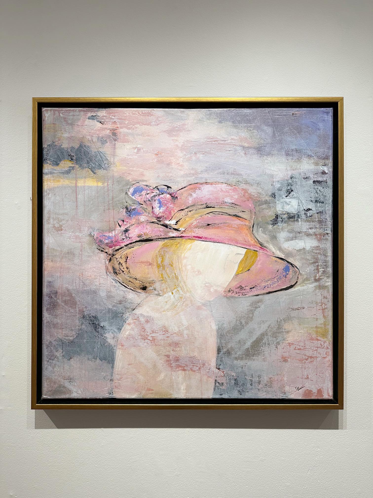Gary Zack, „Big Pink Bow“, Frauenporträt mit rosa Hut, Ölgemälde 30x30 im Angebot 1