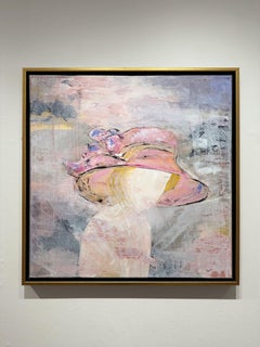 Gary Zack, "Big Pink Bow", Woman Portrait with Pink Hat Oil Painting 30x30