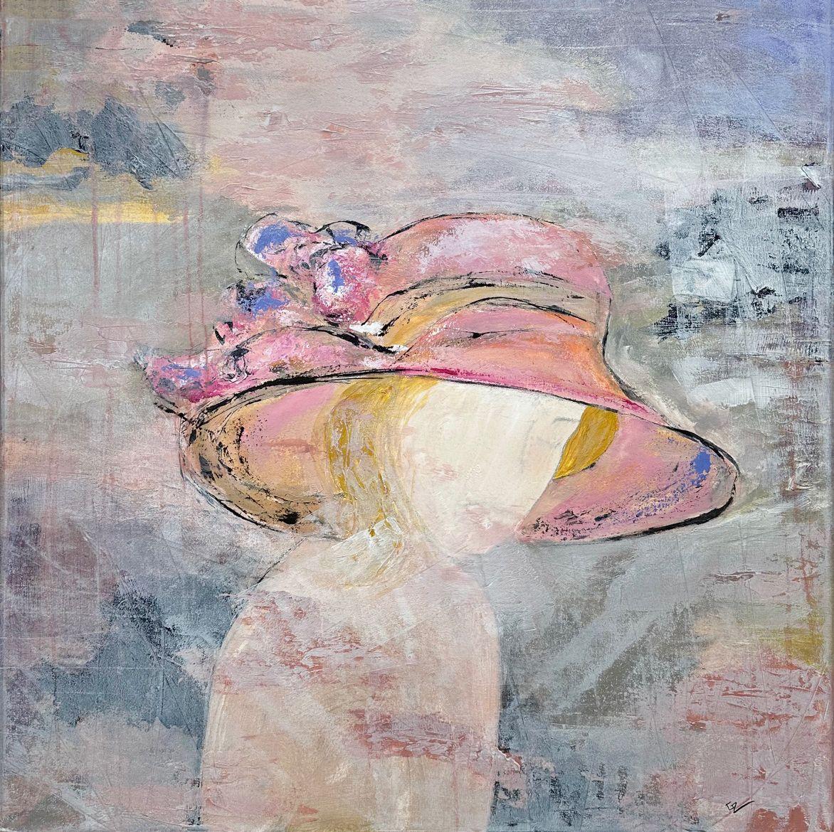 Dieses neutrale Werk "Big Pink Bow" ist ein 30x30 Ölgemälde auf Leinwand des Künstlers Gary Zack, das eine Frau mit blondem Haar zeigt, die einen breitkrempigen rosa Hut mit einer großen rosa Schleife trägt.  Der Mangel an Details in den